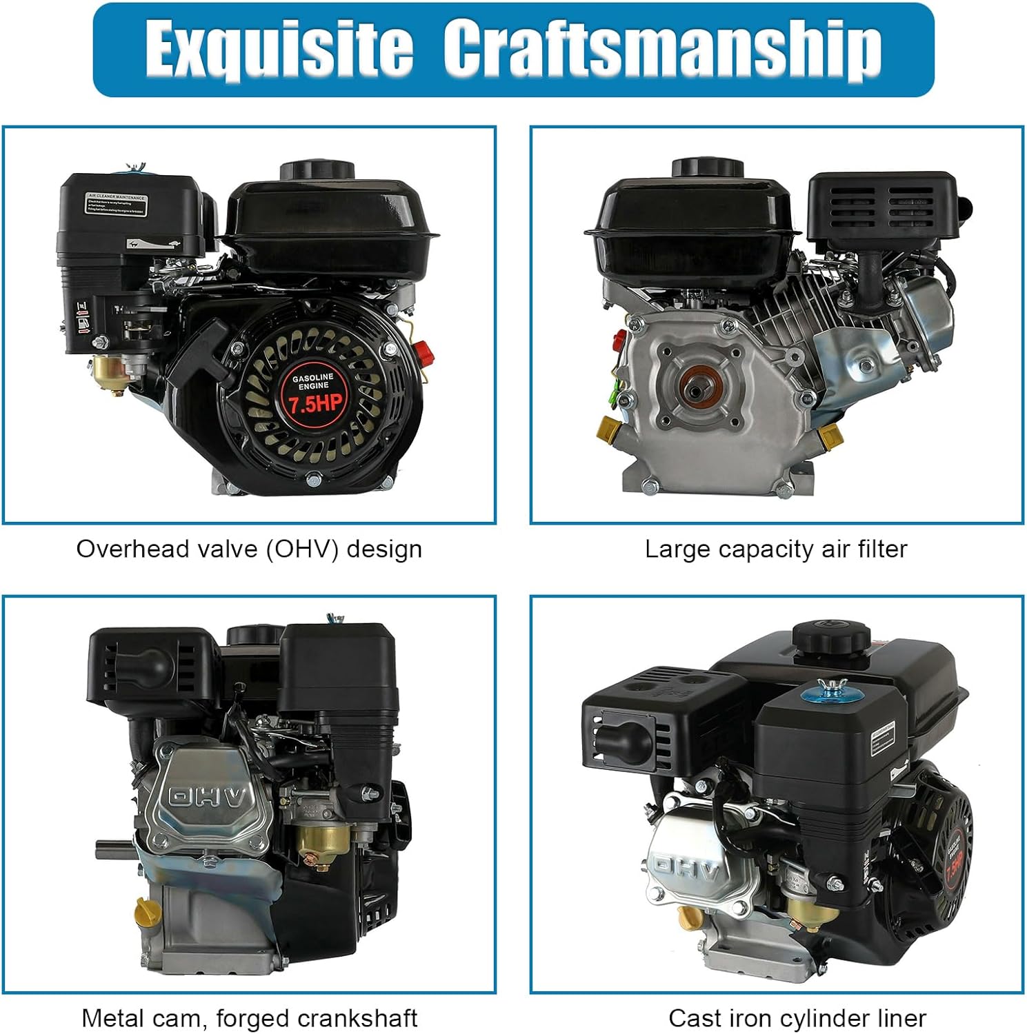 GDNTMU Motor de gas de 7.5 HP, motor de gasolina de grado industrial de 4 tiempos, 210 CC OHV, eje horizontal, retrocesoarranque de tracción, motor