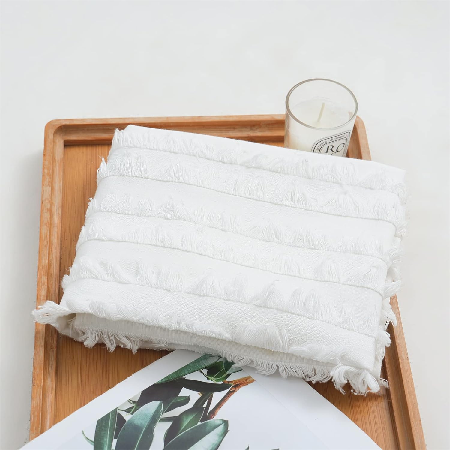 Herside Juego de 2 fundas de almohada de algodón bohemio de lino a rayas jacquard decoración de color blanco suave estándar fundas de almohada 2