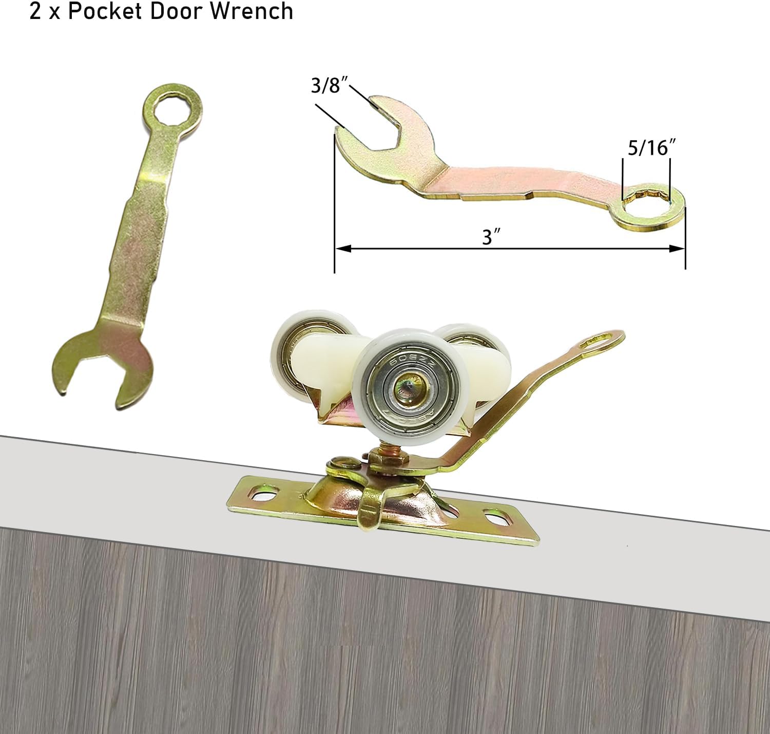 Paquete de 2 herrajes para puerta corrediza con bolsillo superior, rodillos, montaje para Johnson Part 1125 y 1500, incluye llave y tornillos