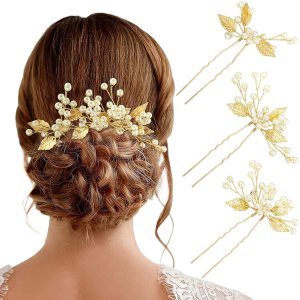 PRETTYLIFE Juego de 3 horquillas para el pelo de boda con forma de U y hojas doradas, accesorios para la cabeza para novias, mujeres, niñas, PRETTYLIFE Juego de 3 horquillas para el pelo de boda con forma de U y hojas doradas, accesorios para la cabeza para novias, mujeres, niñas,