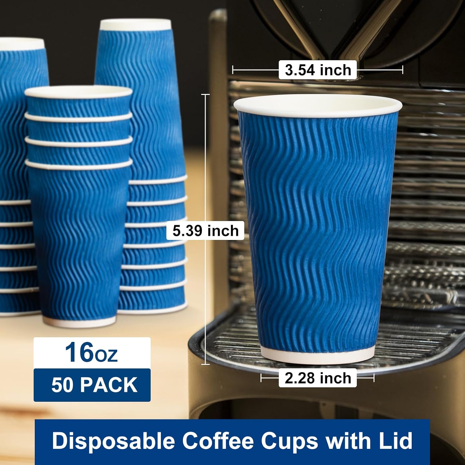 PARACITY Tazas de café desechables de papel aislado, 16 onzas, paquete de 50 con tapas, ondulación de doble pared, para bebidas, viajes