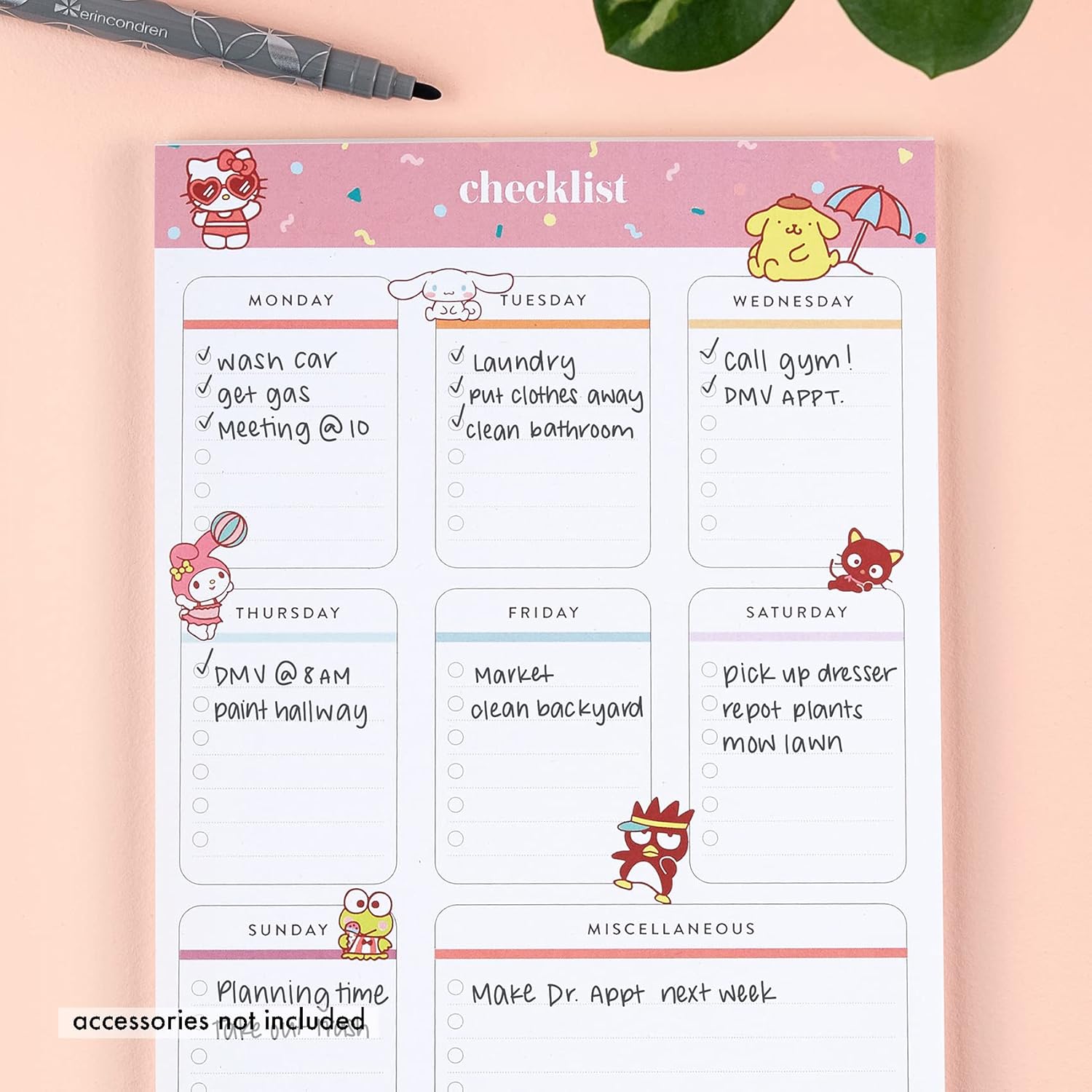 Bloc de notas de Hello Kitty Checklist mantente al tanto de las tareas diarias, semanales y variadas. Alcanza tus objetivos. El papel pesa 80