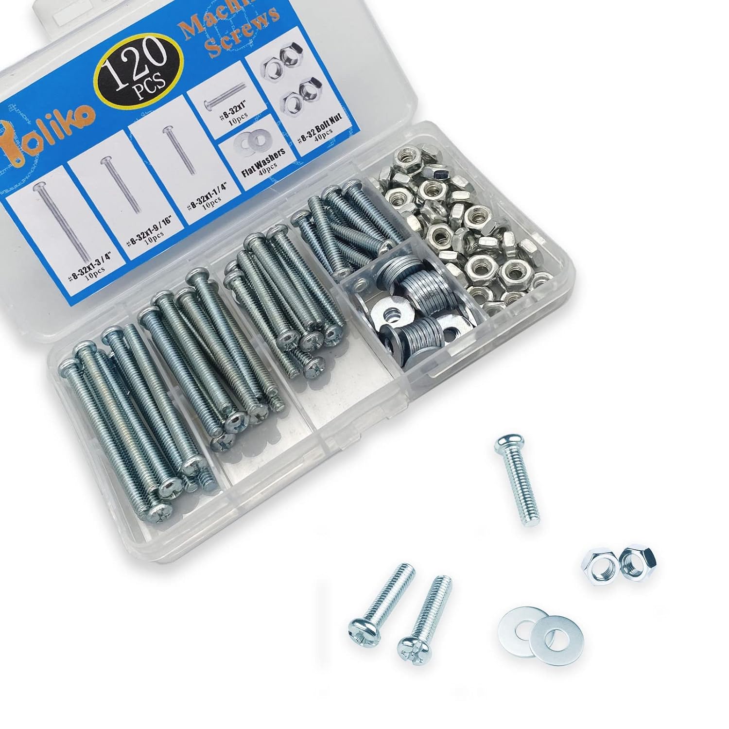 120 tornillos de máquina 832 perillastornillos de tracción, tuercas de perno, arandelas planas, kit surtido de acero al carbono, galvanizado,