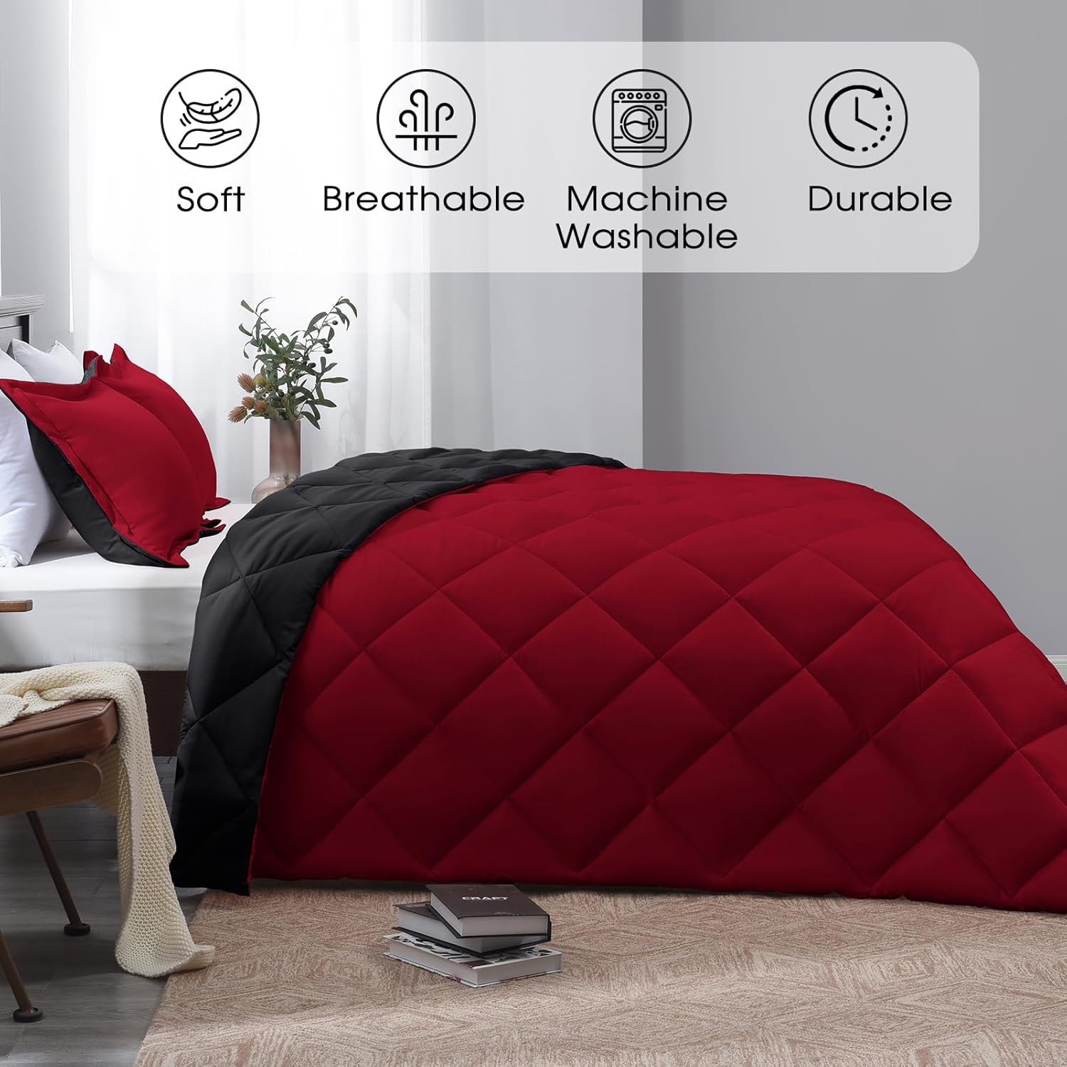 Basic Beyond Down juego de edredón alternativo  edredón de cama reversible para todas las estaciones, Alternativa con plumón, NegroRojo, gemelo