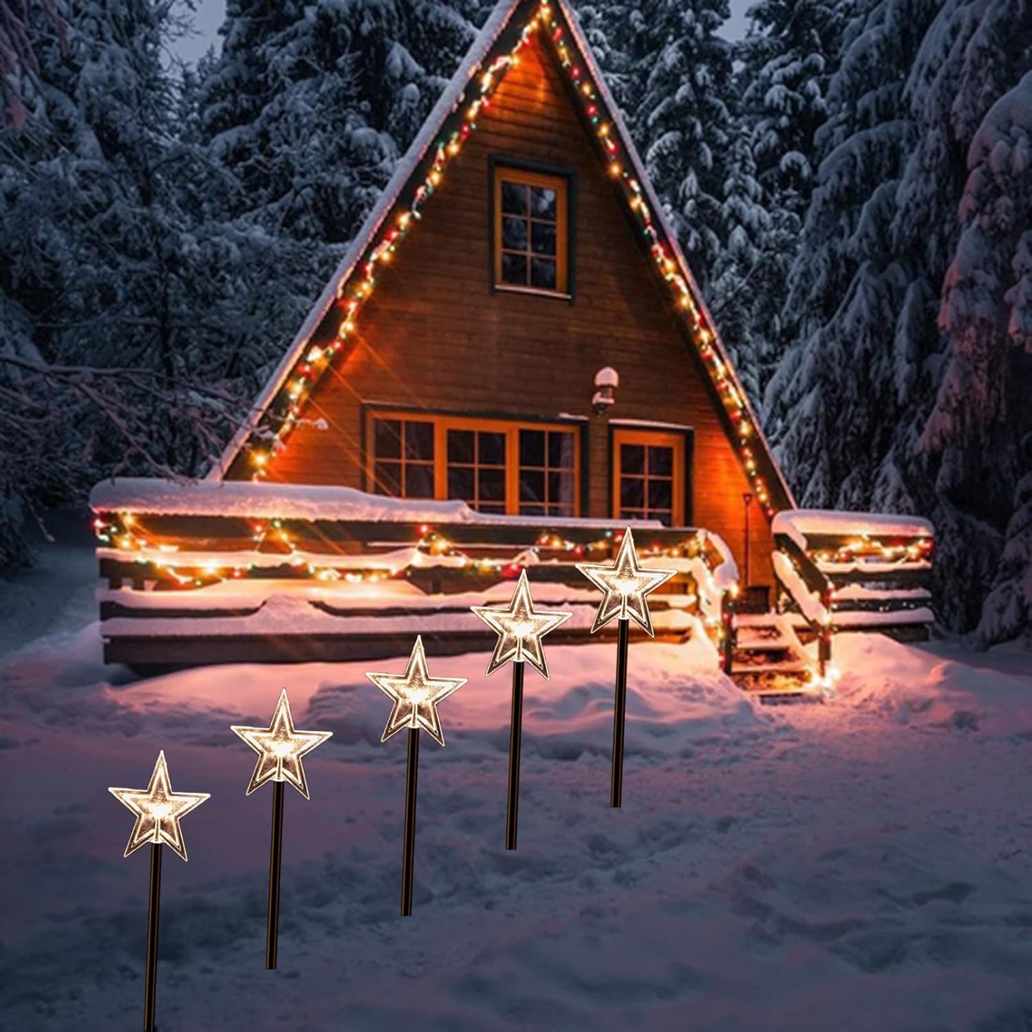 Rehenbsem Luces solares de Navidad para exteriores, 5 luces de estaca impermeables de ahorro de energía, 2 modos de iluminación, decoración de