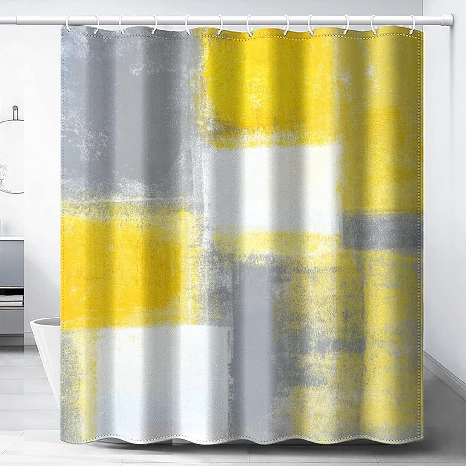 Cortinas de ducha con pintura de arte abstracto, cortinas de ducha con estampado 3D de acuarela gris y amarillo, juego de cortinas de baño con 12