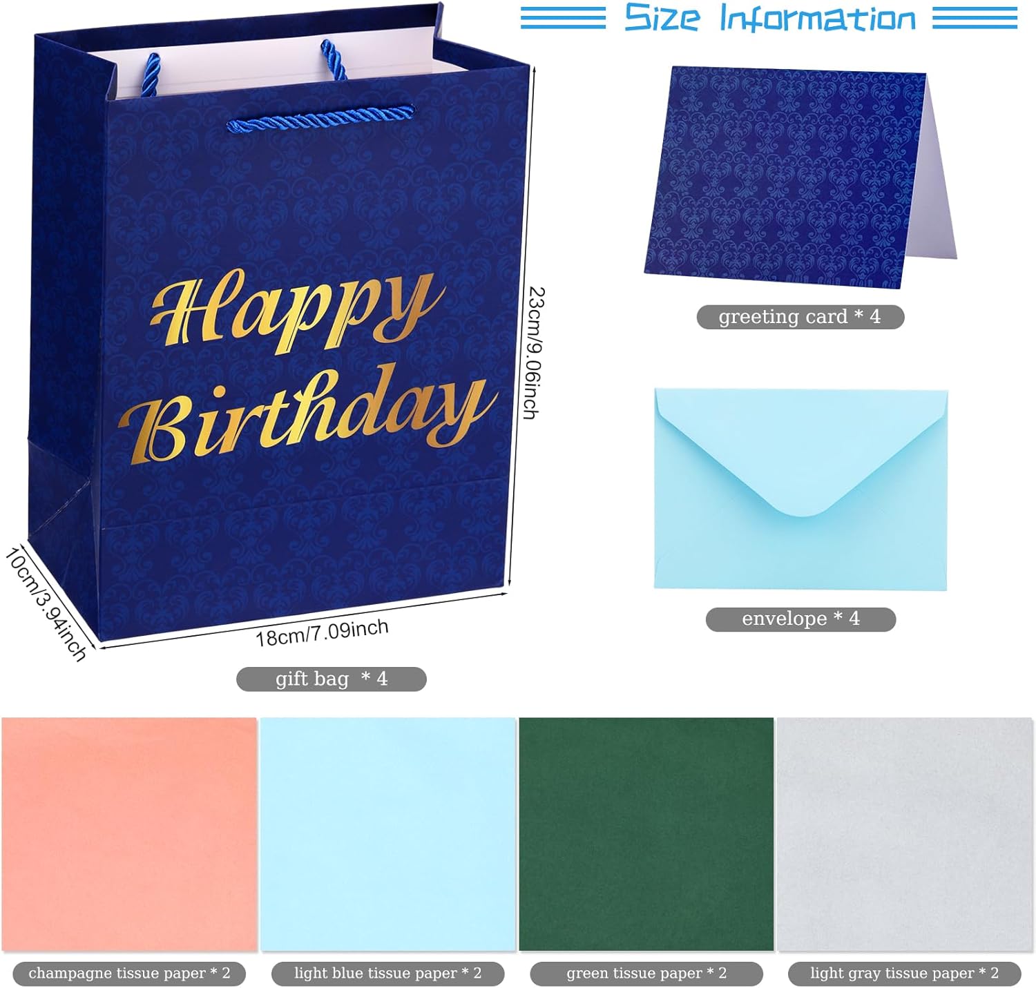 Bolsas de regalo de cumpleaños medianas de 9 pulgadas con papel de seda y tarjetas, paquete de 4 bolsas de regalo azules con asas para fiesta de