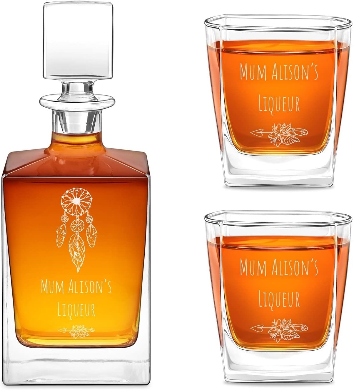 Maverton Juego de whisky grabado para mujer – 2 vasos personalizados para ella – Jarra de whisky y vasos para cumpleaños – Elegante decantador para