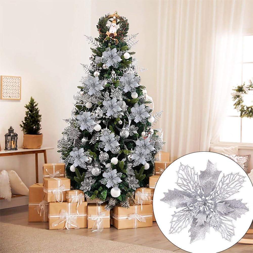 10 flores artificiales de Navidad de flor de pascua, lentejuelas con purpurina, adornos para árbol de Navidad, decoraciones de flor de pascua para