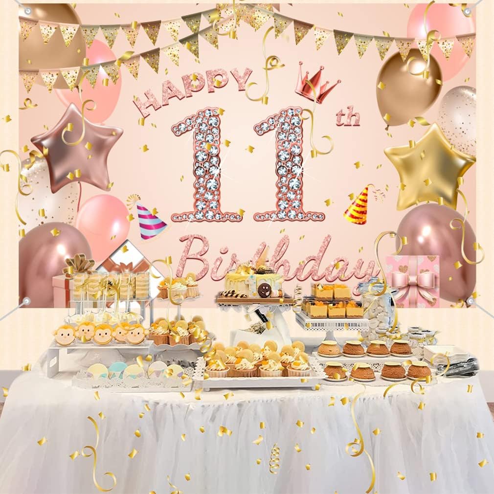 Cartel de tela para decoración de cumpleaños número 11 para niñas de 11 años, cartel de tela para fiesta de cumpleaños de niña, fondo de foto rosa