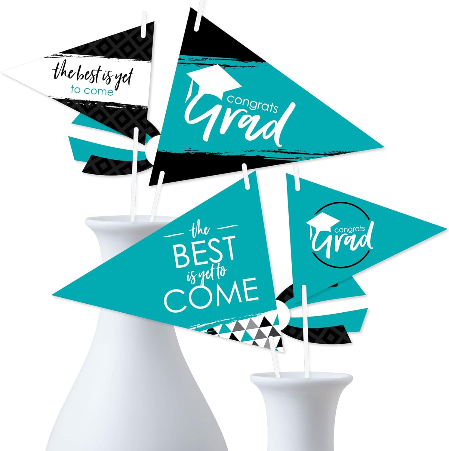 Big Dot of Happiness Teal Grad – Best is Yet to Come – Triángulo turquesa turquesa para fiesta de graduación – Centro de mesa de bandera de banderín