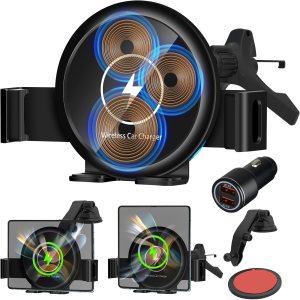 Cargador de coche inalámbrico de tres bobinas de 20 W con ventilador de refrigeración, para Z Fold 5, carga rápida con sujeción automática para Cargador de coche inalámbrico de tres bobinas de 20 W con ventilador de refrigeración, para Z Fold 5, carga rápida con sujeción automática para