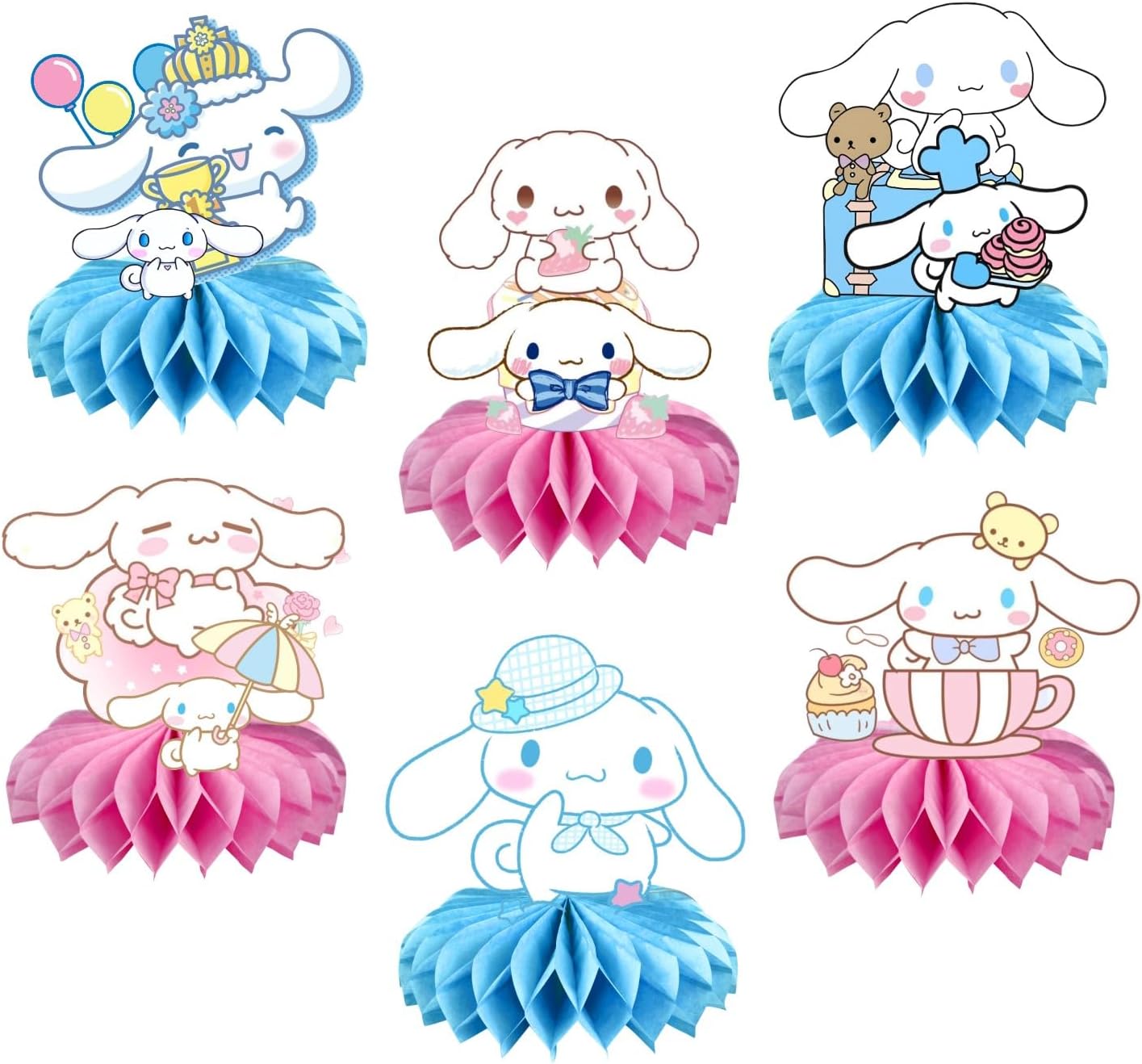 6 piezas de centro de mesa de panal de abeja Cinnamoroll, suministros de fiesta temática de Cinnamoroll, decoraciones de escritorio para fiesta de