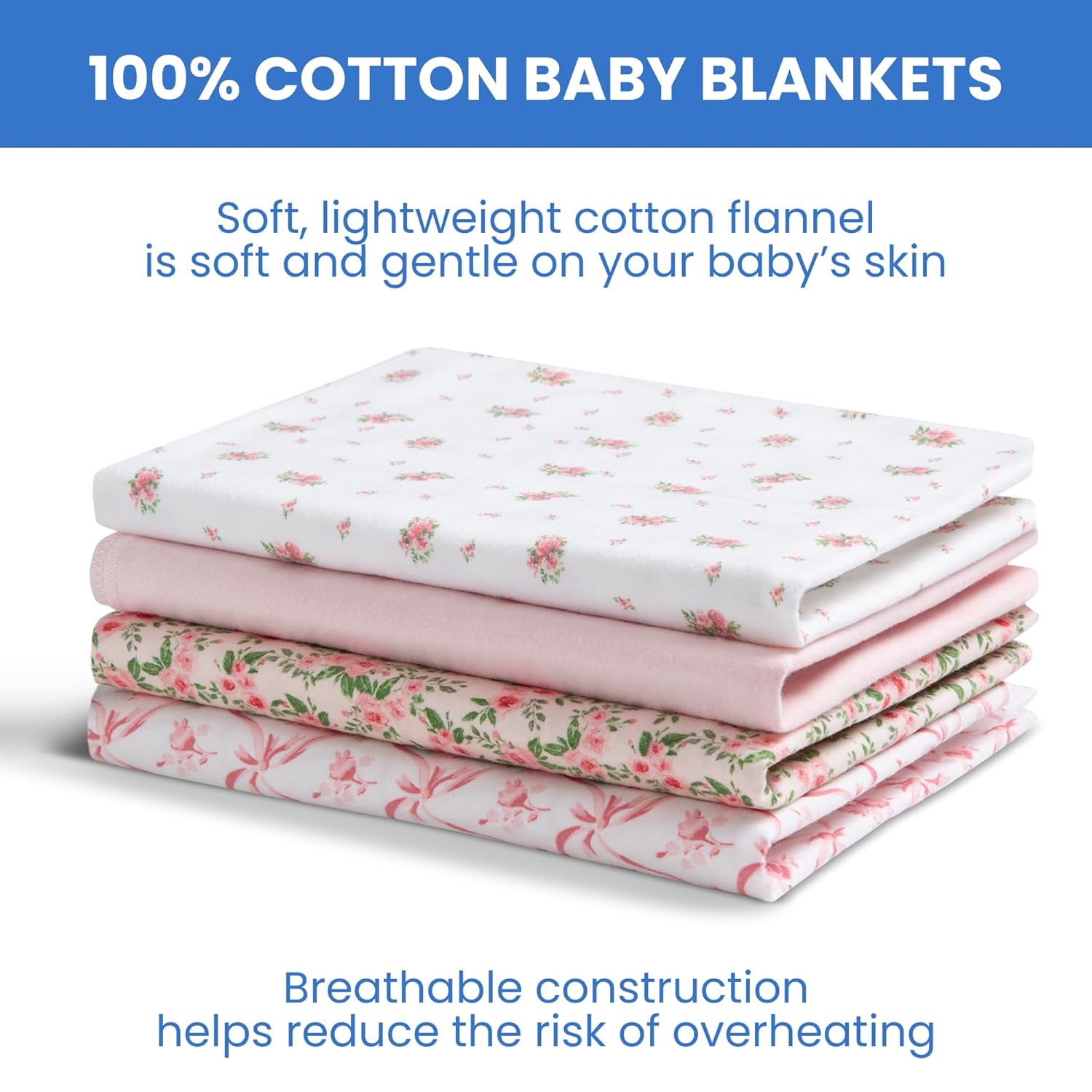 Delta Children Mantas de franela 100% algodón para niñas y niños, 30 x 30 pulgadas (paquete de 4), rosa floral