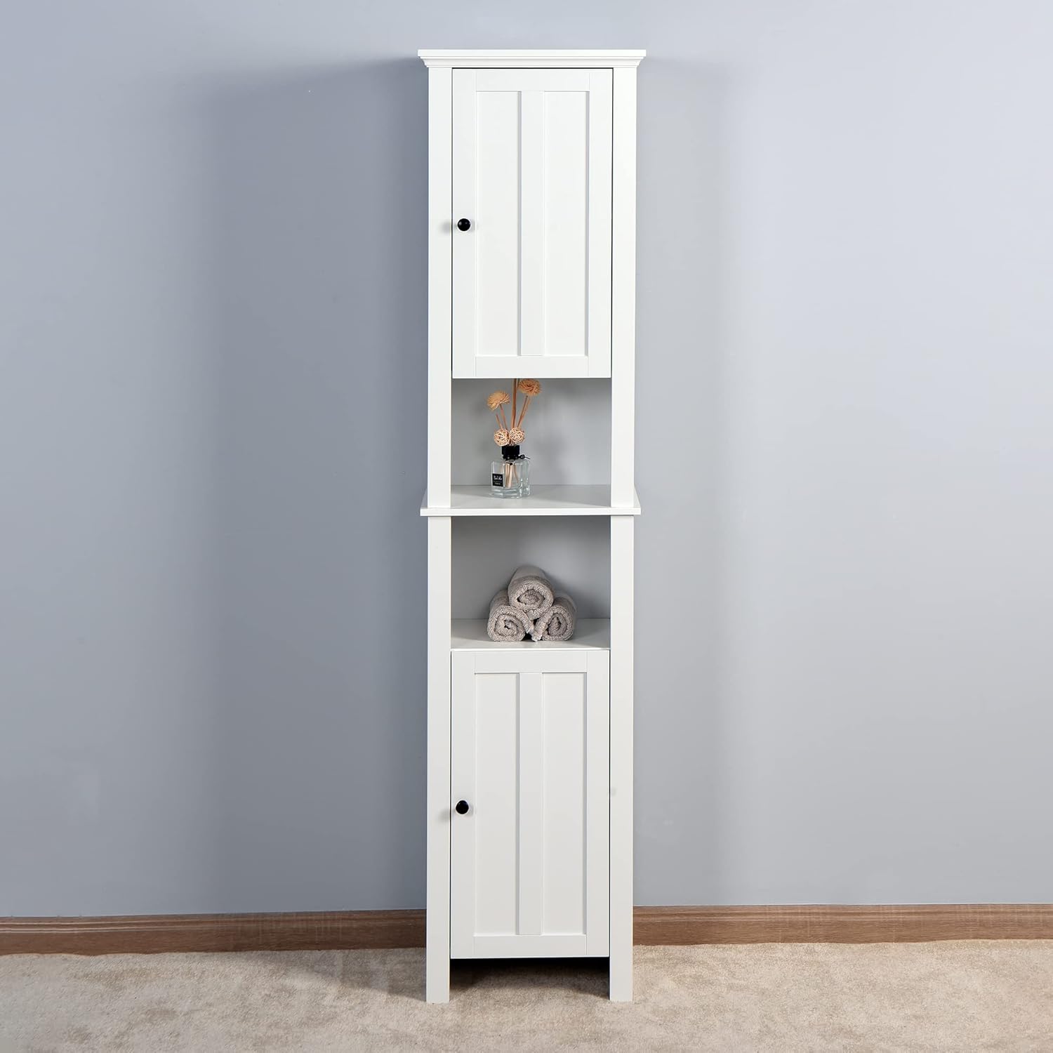Armario alto de lino tipo torre con 2 puertas y estantes de 6 niveles, gabinete de almacenamiento estrecho para sala de estar, 15.75 x 11.81 x 66.93