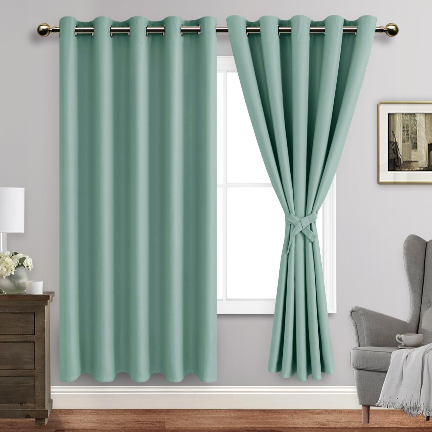JIUZHEN Cortinas opacas de aislamiento térmico y acústico con tiras de amarre, de color salvia claro, bloquean la luz del sol y reducen el ruido,