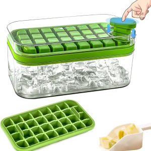 Bandeja para cubitos de hielo con tapa y contenedor para congelador, bandeja para cubitos de hielo de 64 cubos, apilable, de fácil liberación, Bandeja para cubitos de hielo con tapa y contenedor para congelador, bandeja para cubitos de hielo de 64 cubos, apilable, de fácil liberación,
