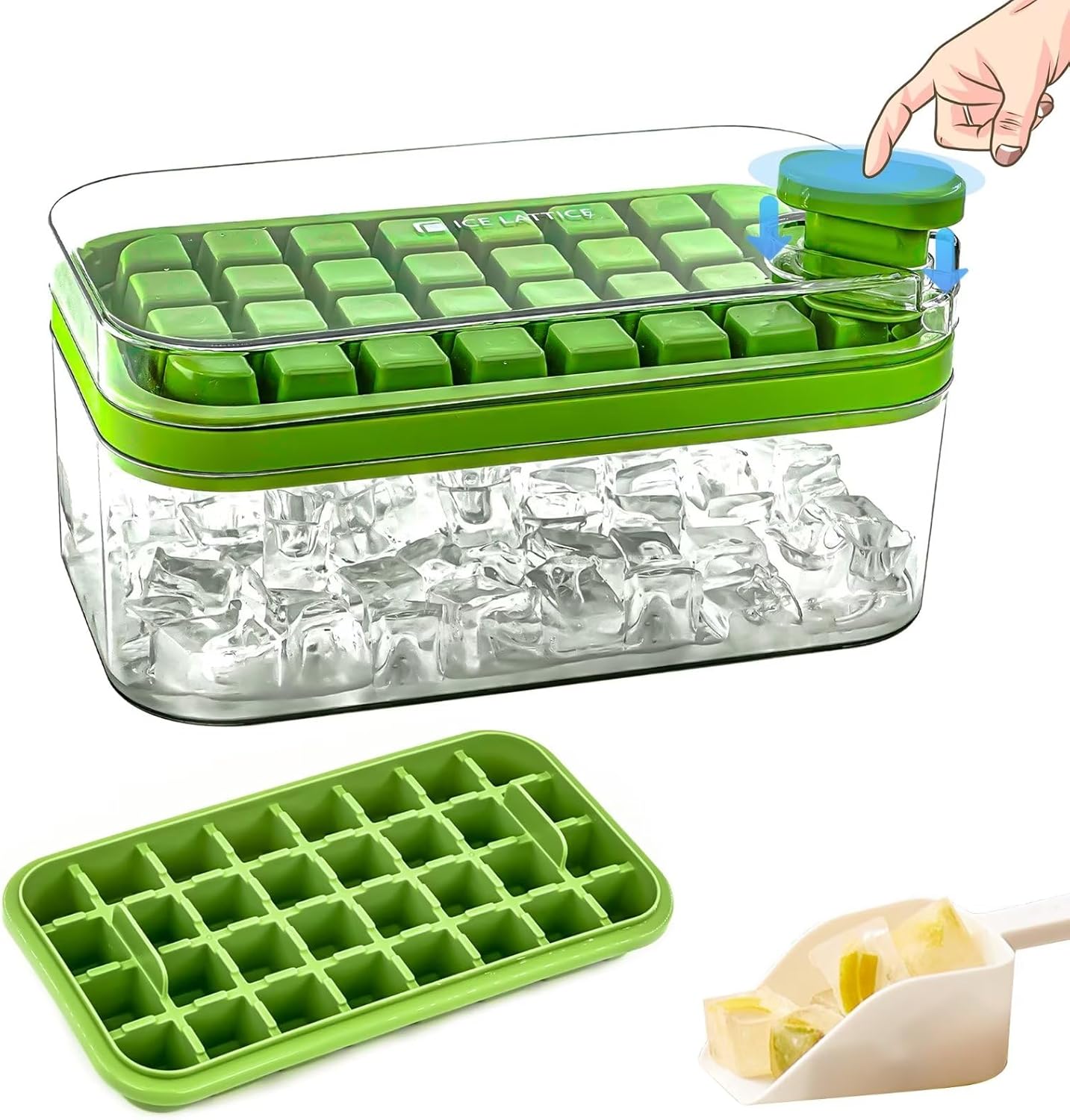 Bandeja para cubitos de hielo con tapa y contenedor para congelador, bandeja para cubitos de hielo de 64 cubos, apilable, de fácil liberación,