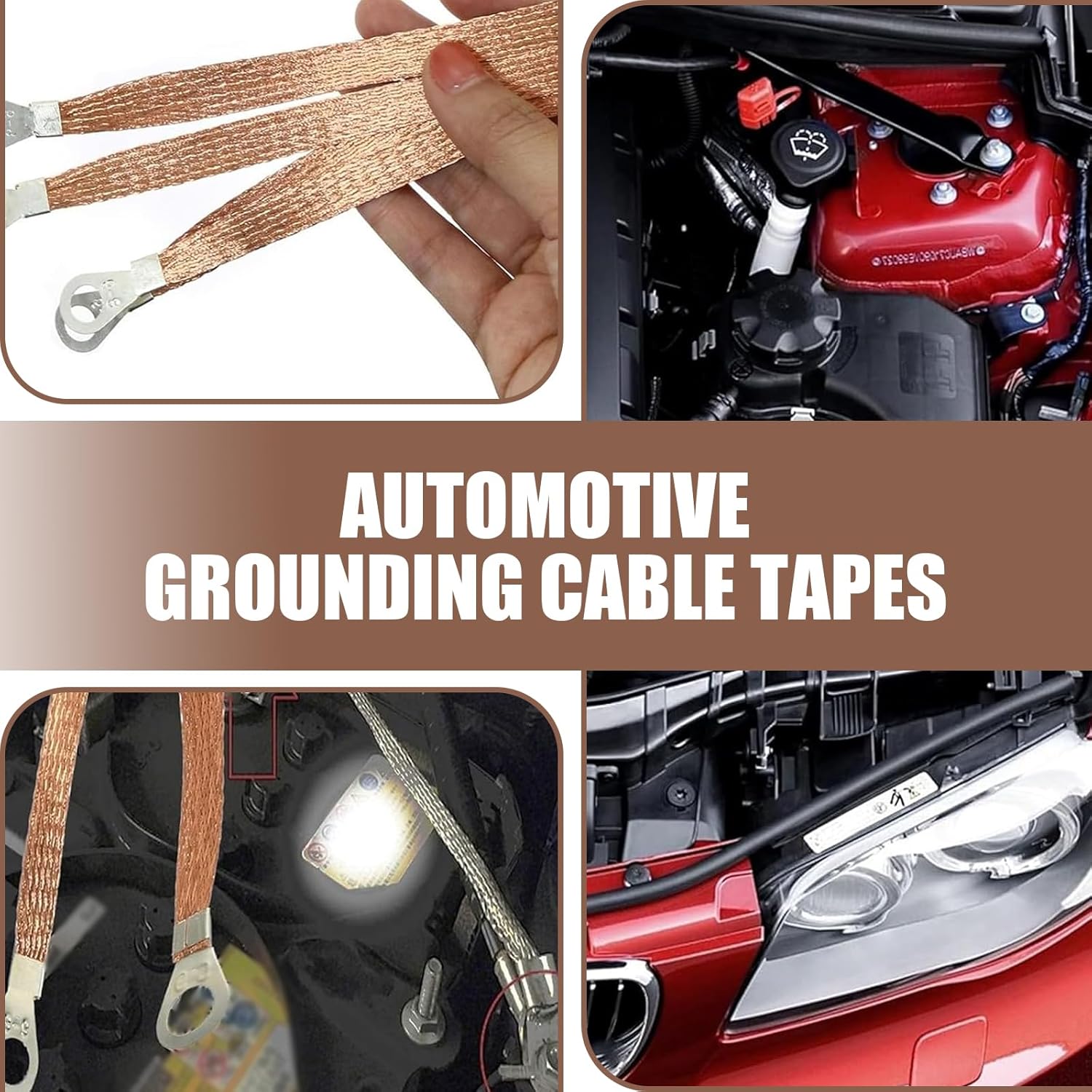 Pack-5 Car Engine Grounding Strap, 3 Pcs 9.8″ + 2 Pcs 12.9″ Flexible Copper Braided Multi-purpose Grounding Cable Strap, Bridge Cable Distribution