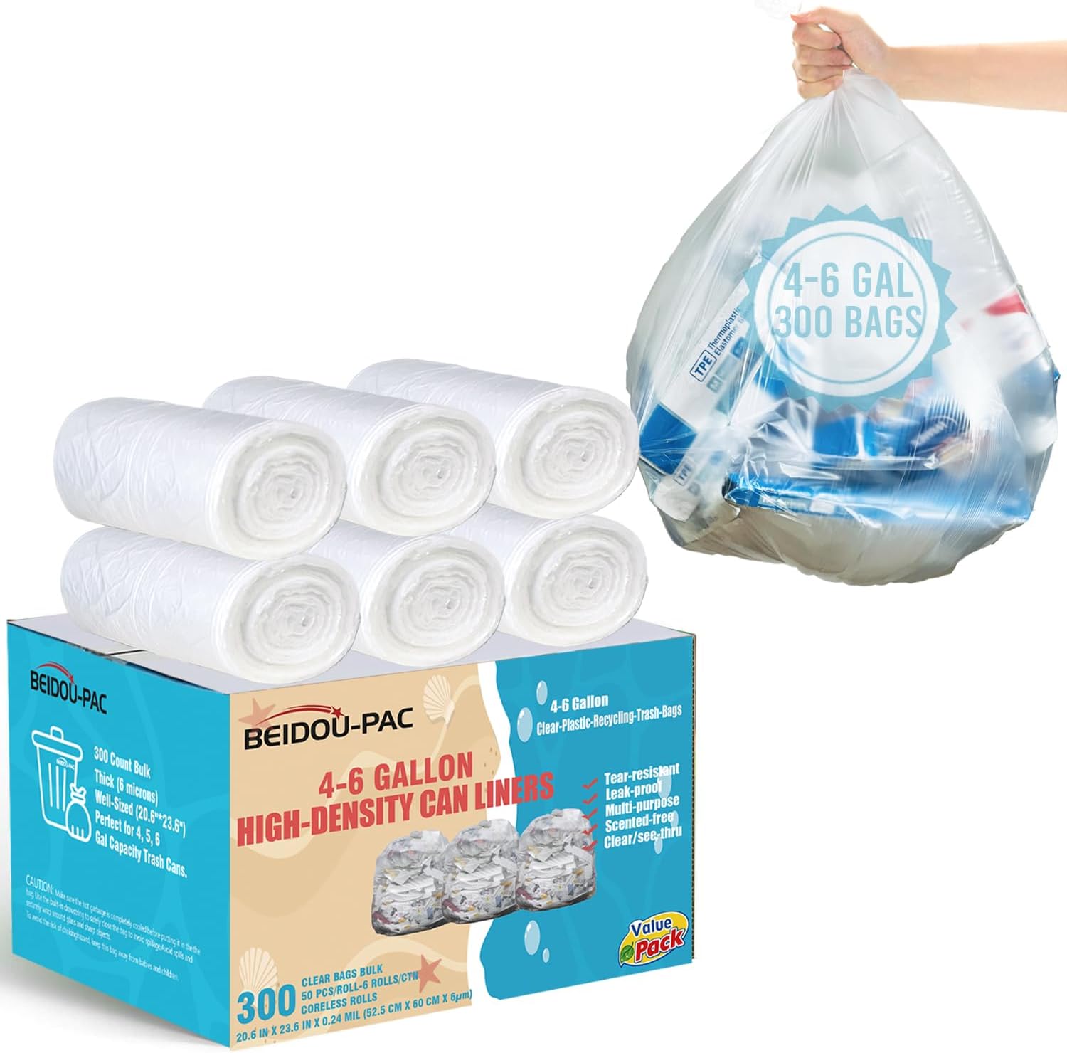 BEIDOU-PAC Bolsas de basura de 4 a 6 galones, 300 unidades a granel, bolsas de reciclaje de plástico transparente, bolsas de basura multiusos para