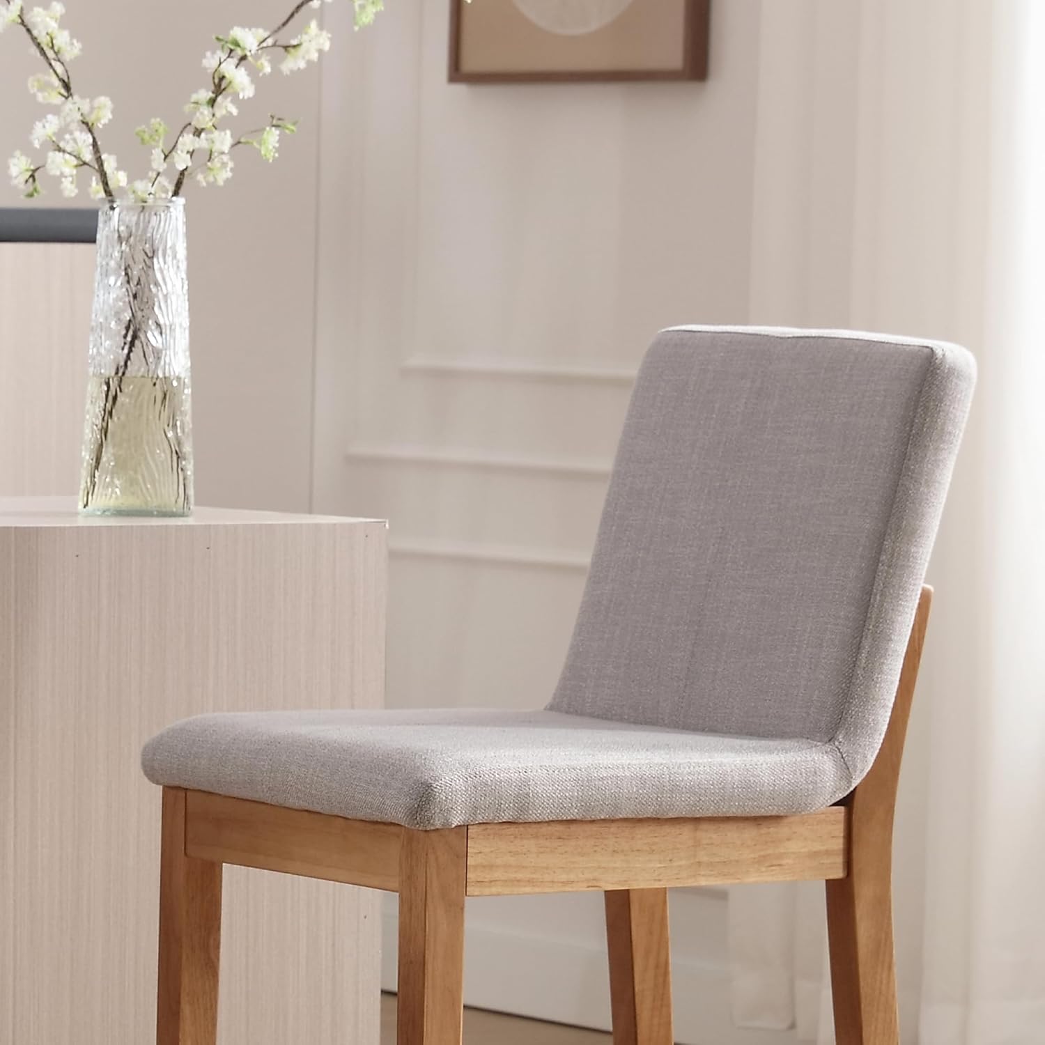 chairus Juego de 2 taburetes de bar altos de tela, taburetes de bar tapizados de lino con patas de madera maciza y respaldo para cocina, isla de