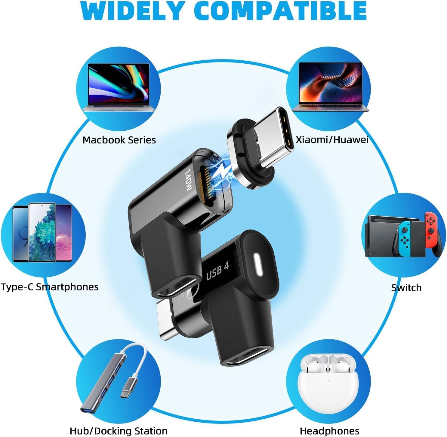 Adaptador magnético USB tipo C, (1 unidad), adaptador USB C magnético de 24 pines con PD de 140 W, USB4, transferencia de datos de 20 Gbps 8K 60Hz
