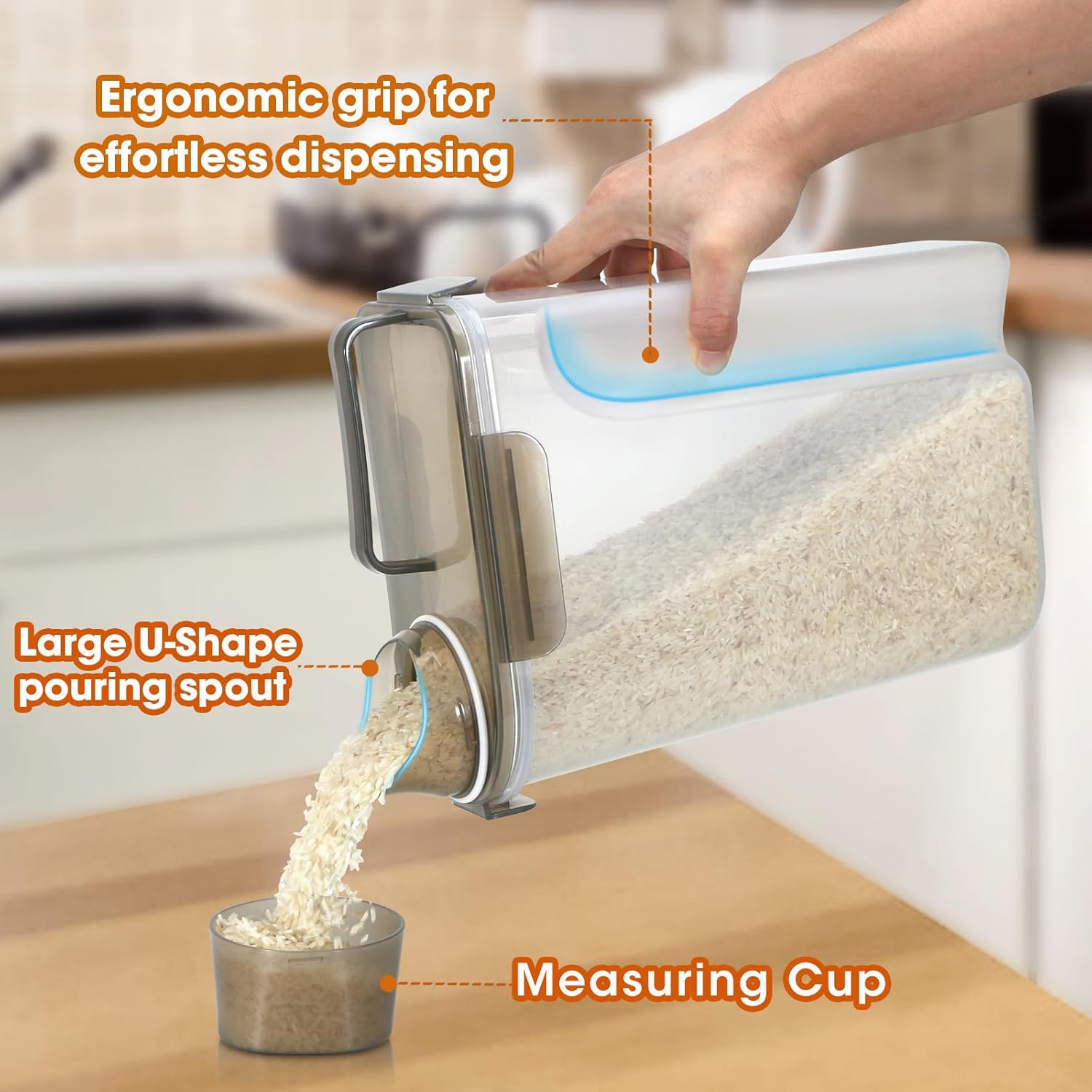 TBMAXS Recipiente de almacenamiento de arroz de 10 libras, dispensador hermético de alimentos con boquilla grande y taza para arroz, cereales,