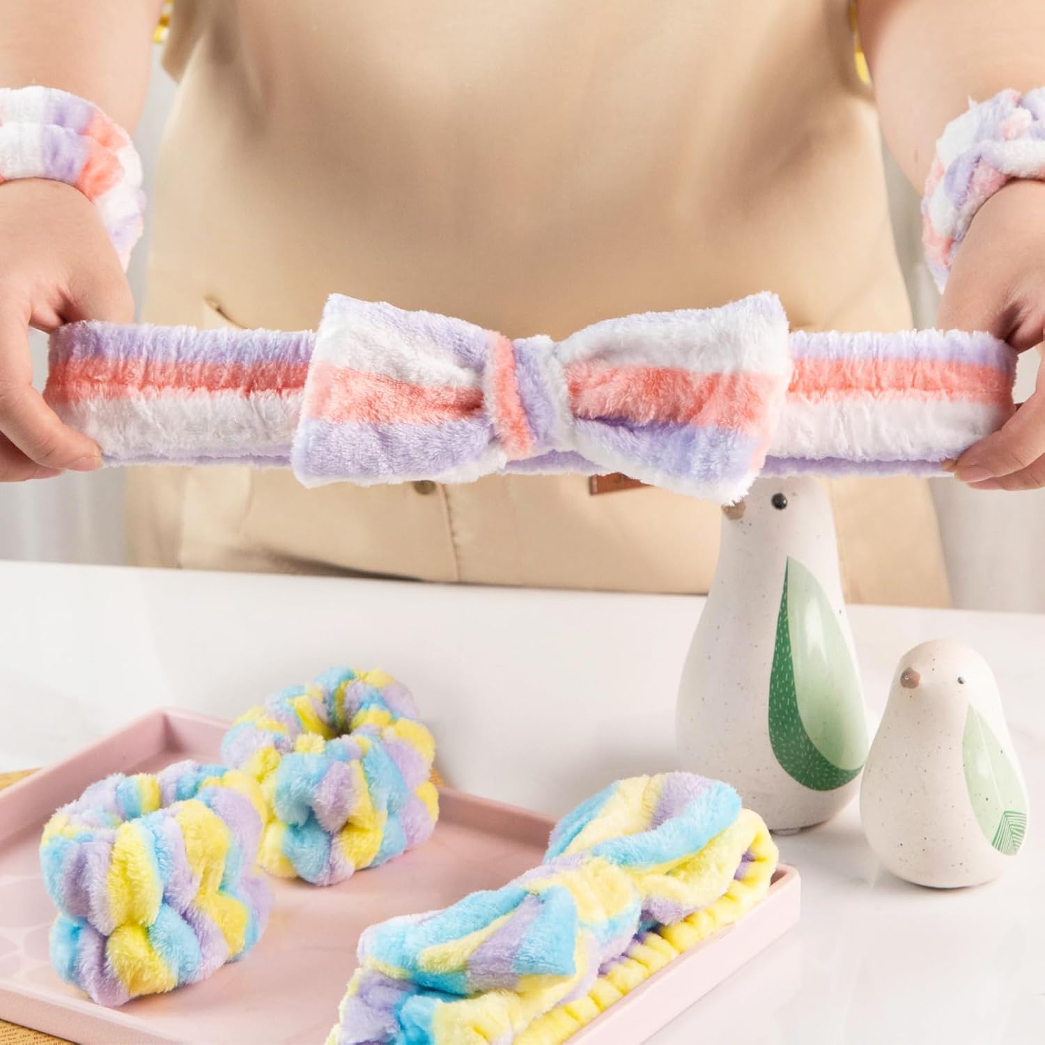 Shindel Juego de 6 diademas de lavado facial, diademas de maquillaje con pulseras de forro polar coral para mujeres, spa, cuidado de la piel, yoga
