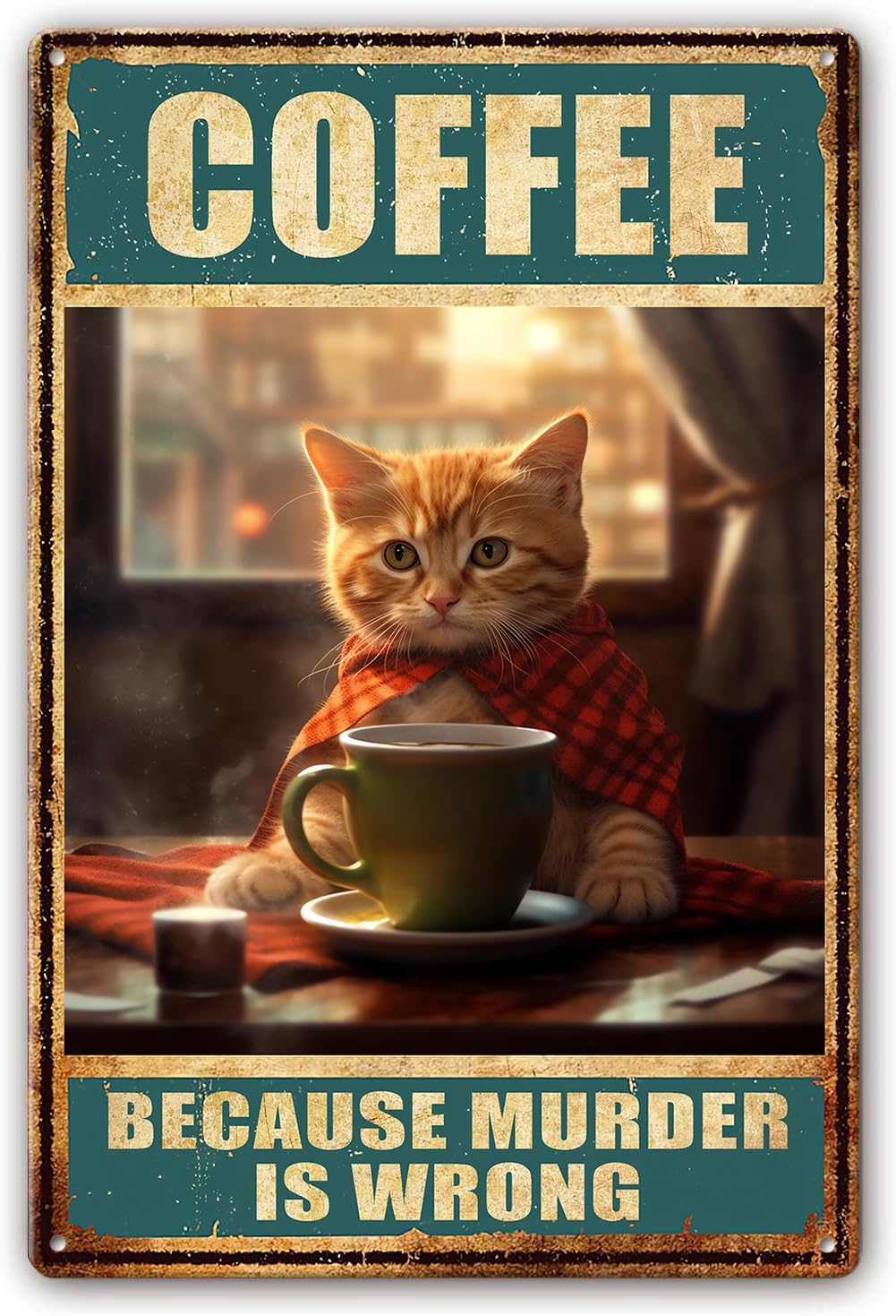 Cartel de metal con diseño de gato divertido Coffee Because Murder is Wrong, póster para dormitorio, cuadros artísticos, pinturas decorativas, obras