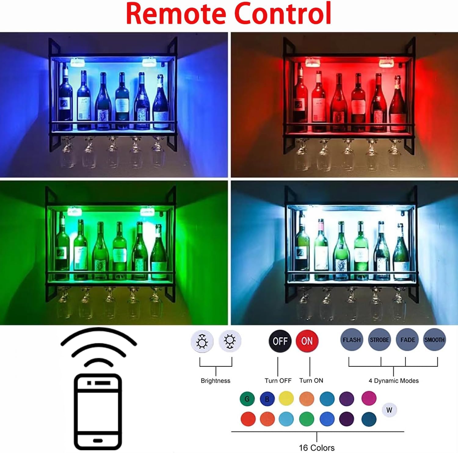 Gdrasuya10 Estante de vino con luz LED montado en la pared, estante de exhibición de botellas de vino, estante de almacenamiento de vino de metal,