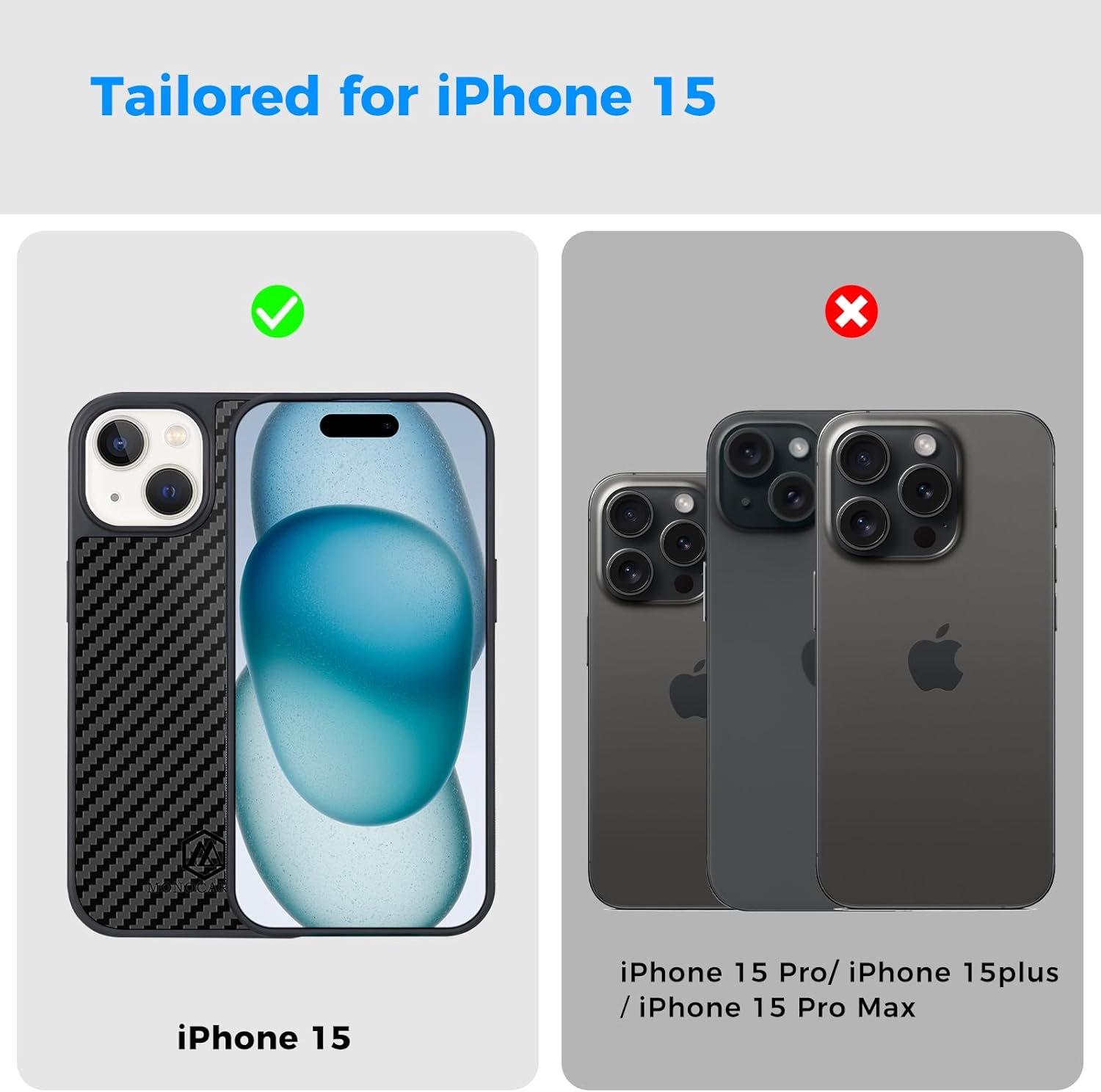 MONOCARBON Funda de fibra de carbono real para iPhone 15, lujosa funda de sarga minimalista de 6.1 pulgadas a prueba de caídas compatible con