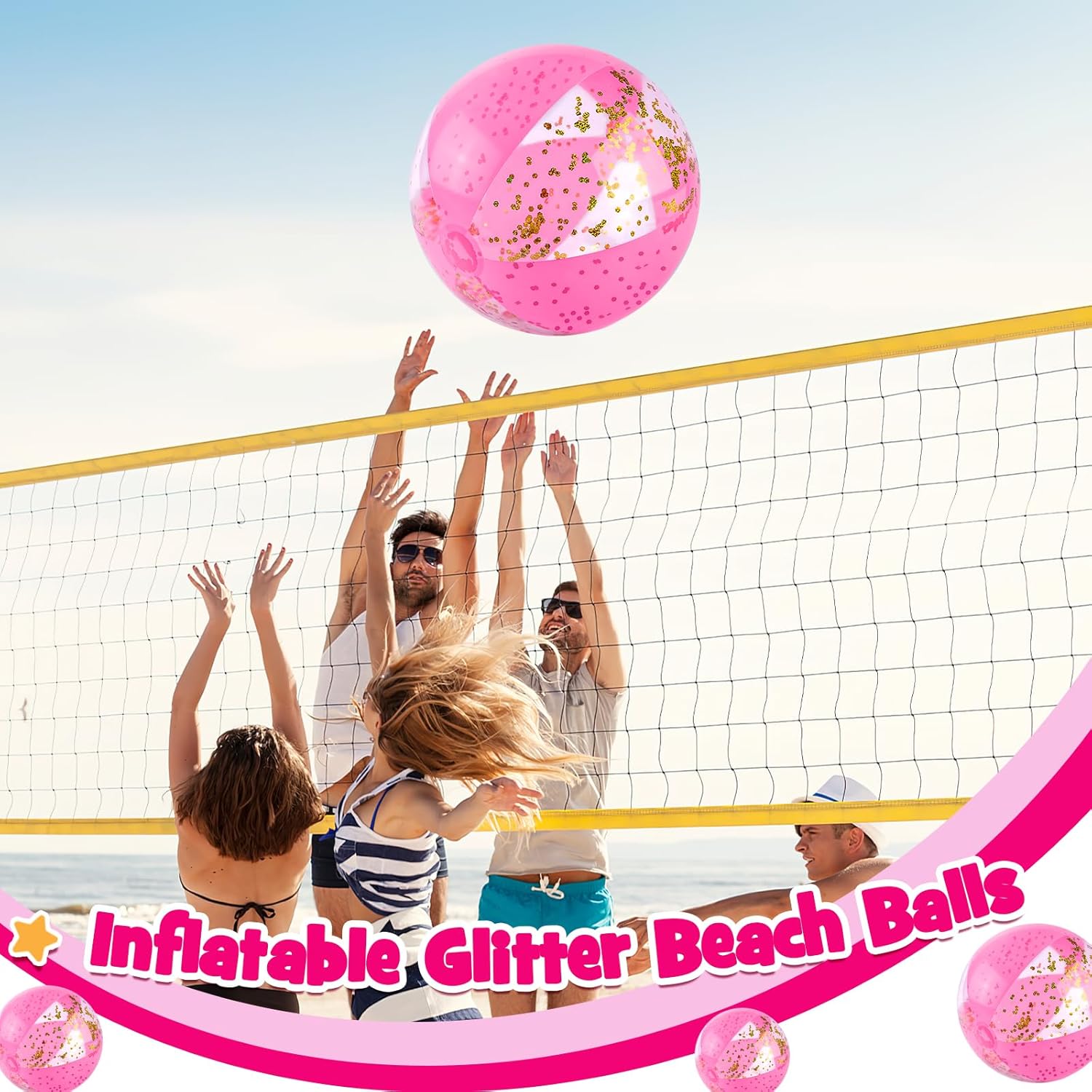 AMOR PRESENT 2 bolas de playa inflables, bolas de playa con purpurina de 16 pulgadas, bolas rosas para niños pequeños, piscina, fiesta, verano