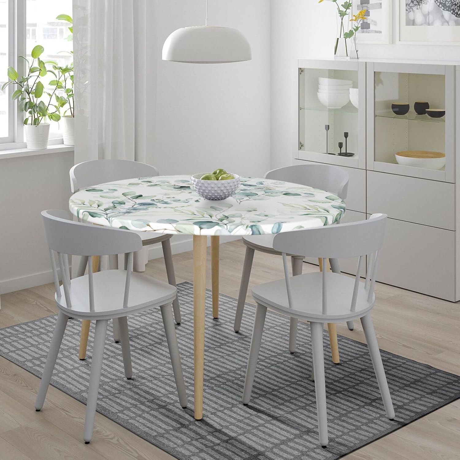 Mantel elástico redondo con borde de hojas verdes salvia, ajustable para mesa de 40 a 44 pulgadas de diámetro