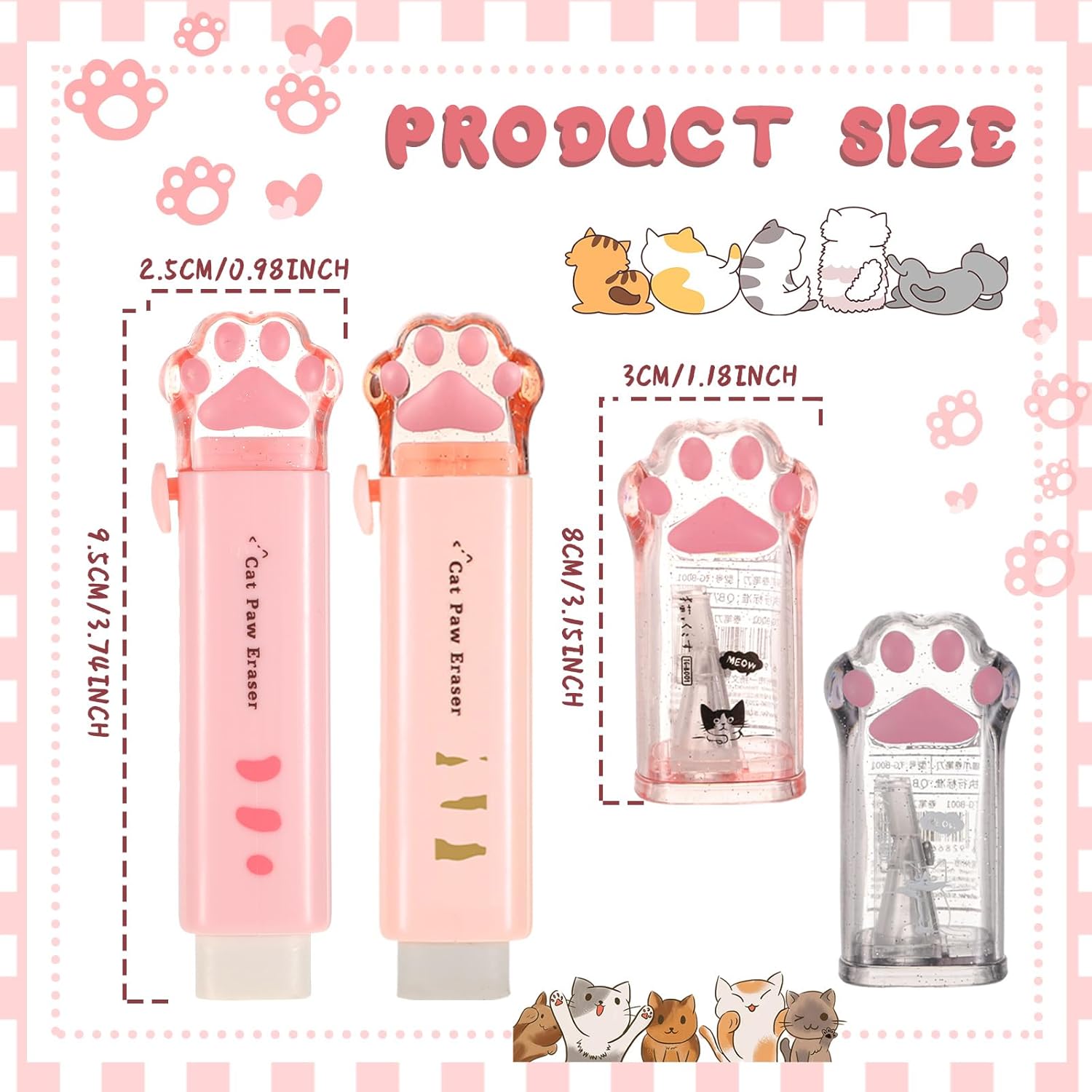 4 piezas de material escolar Kawaii de pata de gato, lindo sacapuntas de pata de gato y borrador retráctil en forma de pata de gato, sacapuntas