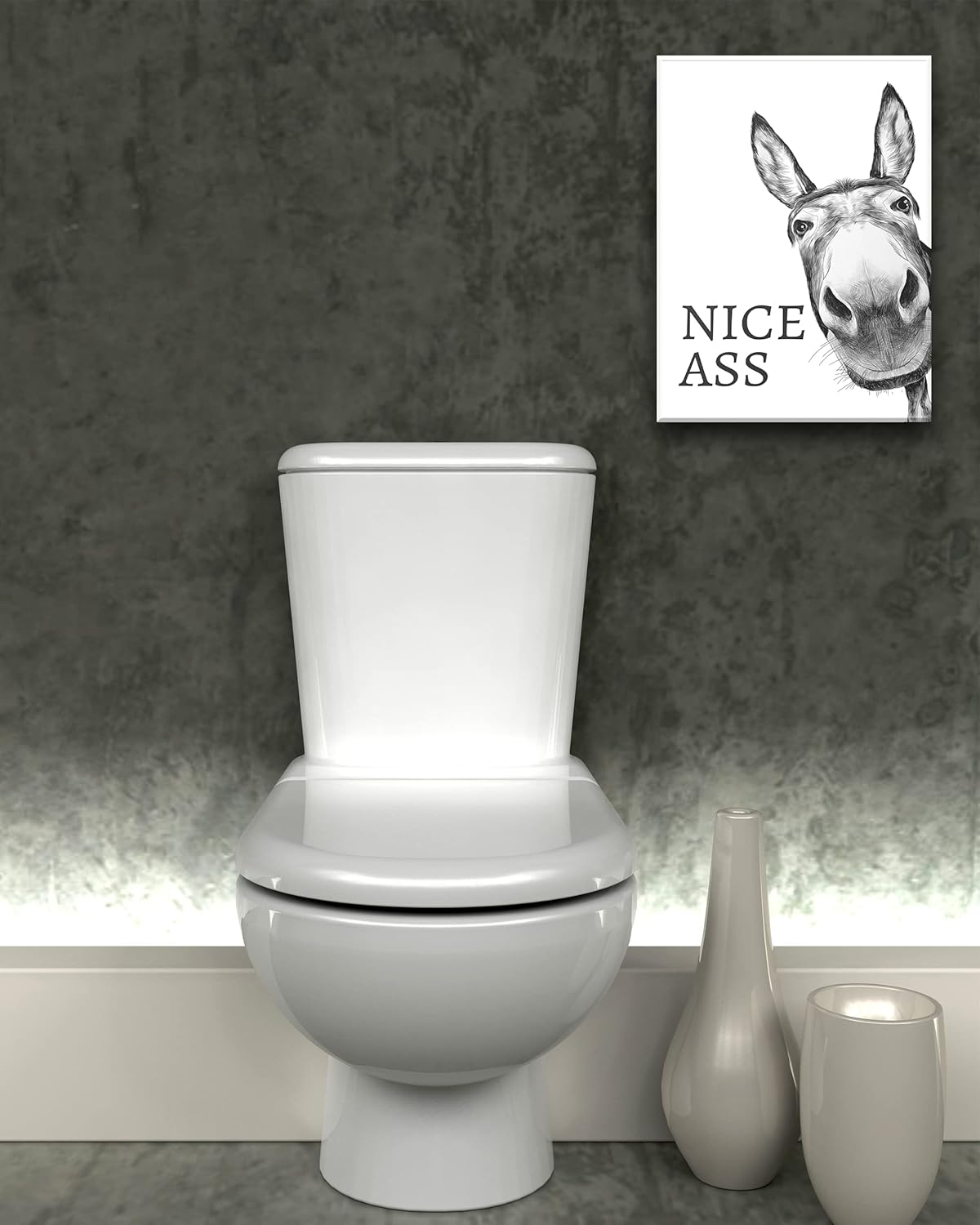 UPWOIGH Divertida decoración artística de pared de baño, arte de pared de burro blanco y negro, lienzo enmarcado de madera impermeable, impresiones