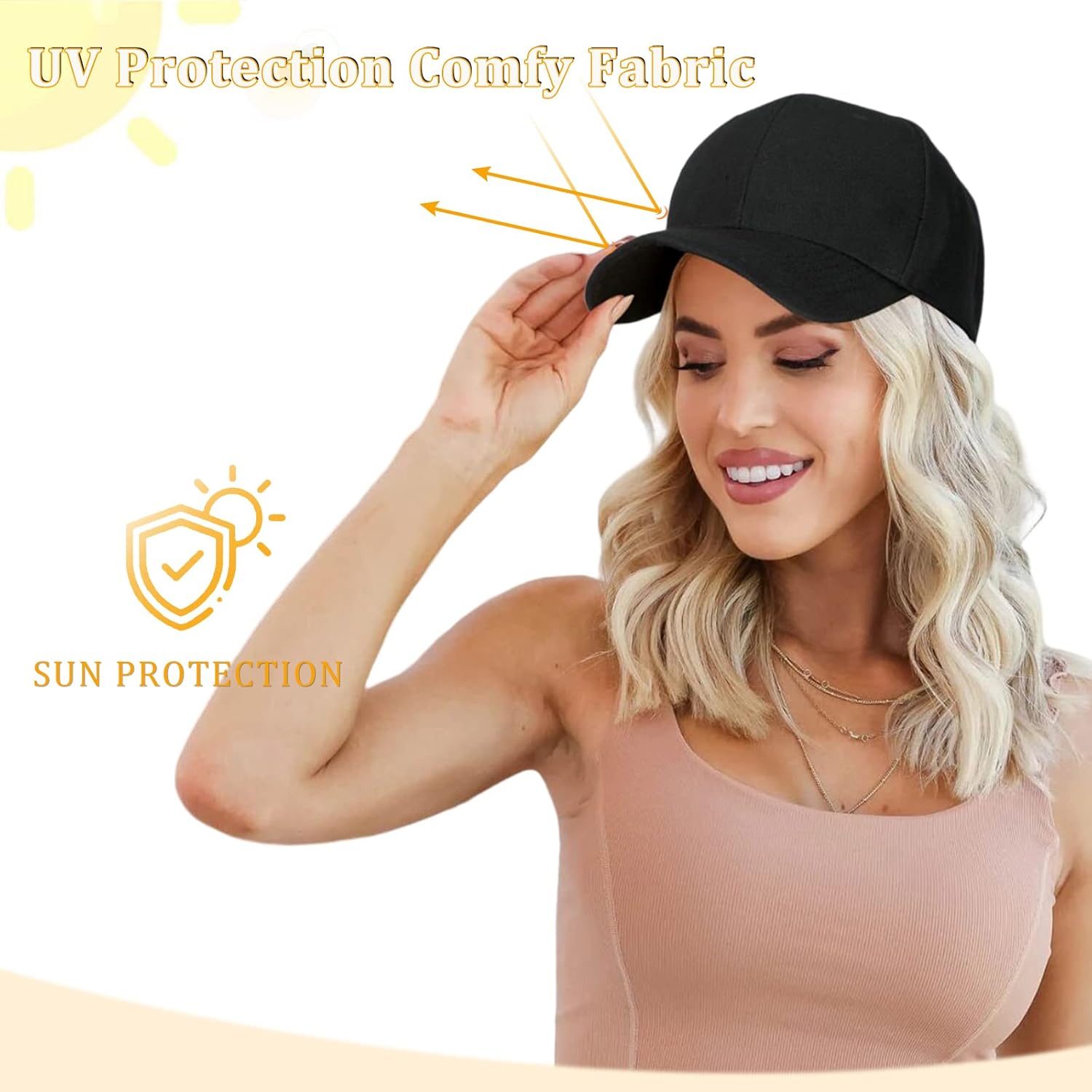Lansigreen Gorra de béisbol con extensiones de cabello, peluca ajustable, gorra rizada de 14 pulgadas, peluca sintética para mujer, castaño claro
