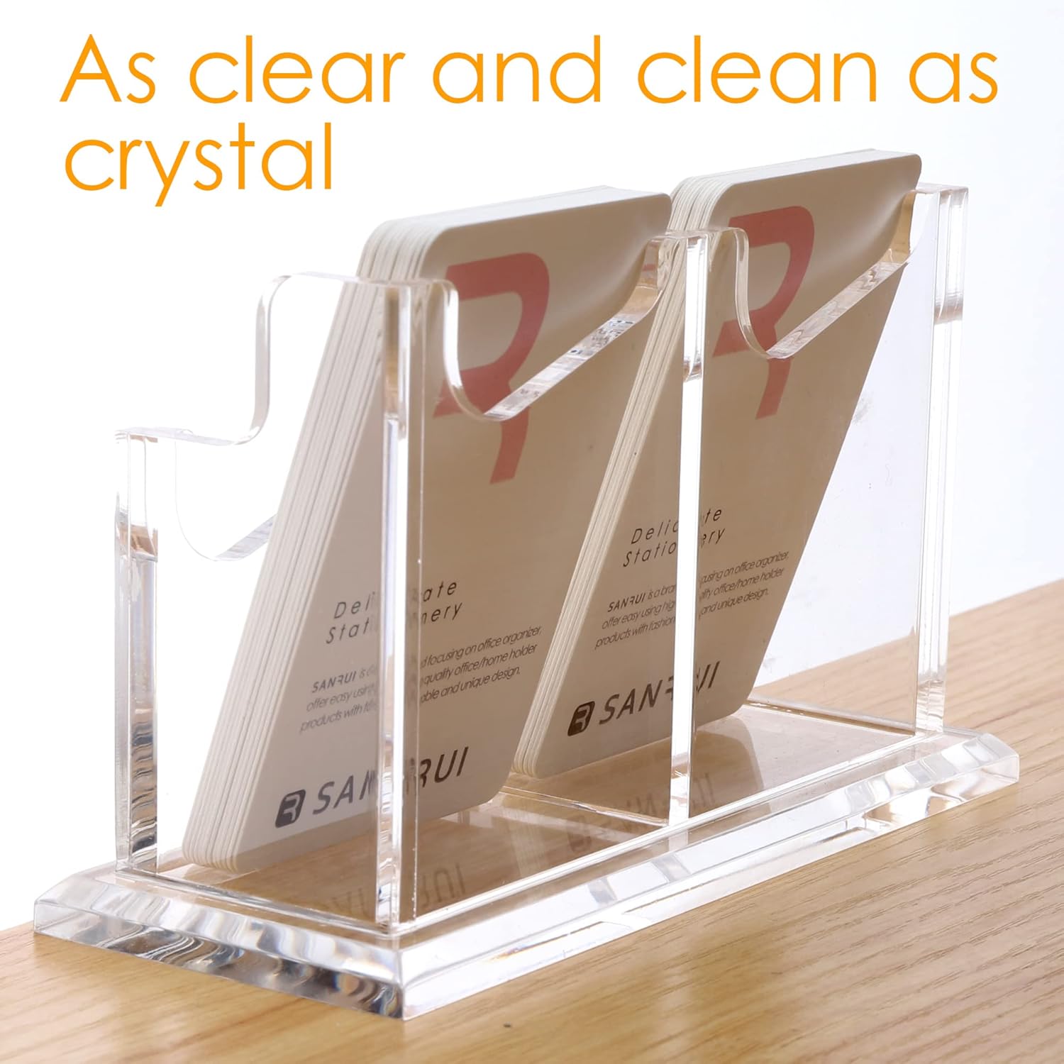SANRUI Soporte vertical para tarjetas de visita para escritorio, soporte de acrílico transparente para tarjetas de presentación, 2 ranuras de 1