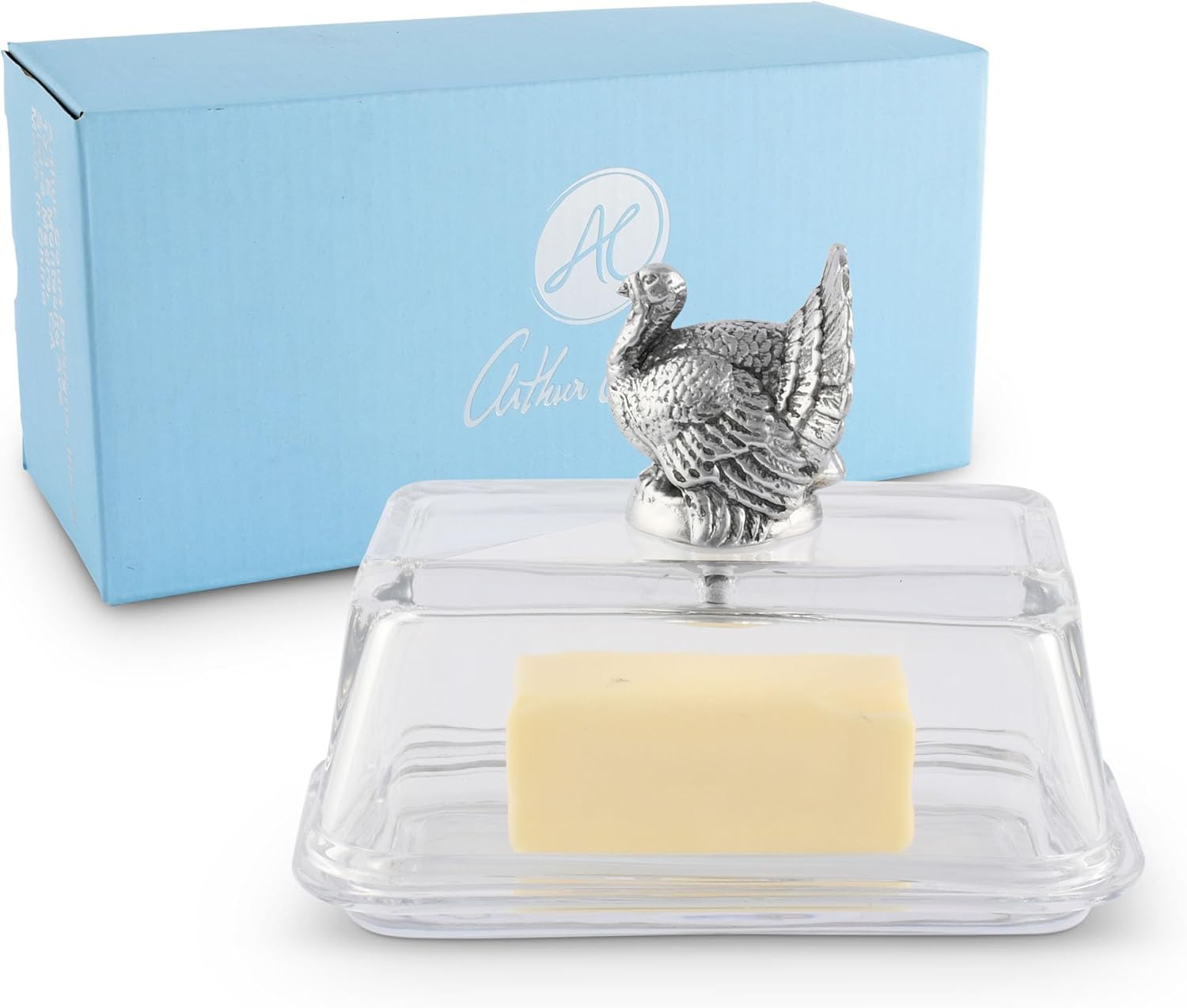 Arthur Court Mantequillera de cristal con tapa con perilla de pavo  Diseño clásico de 2 piezas  Cubre y sostiene un palo estándar de mantequilla