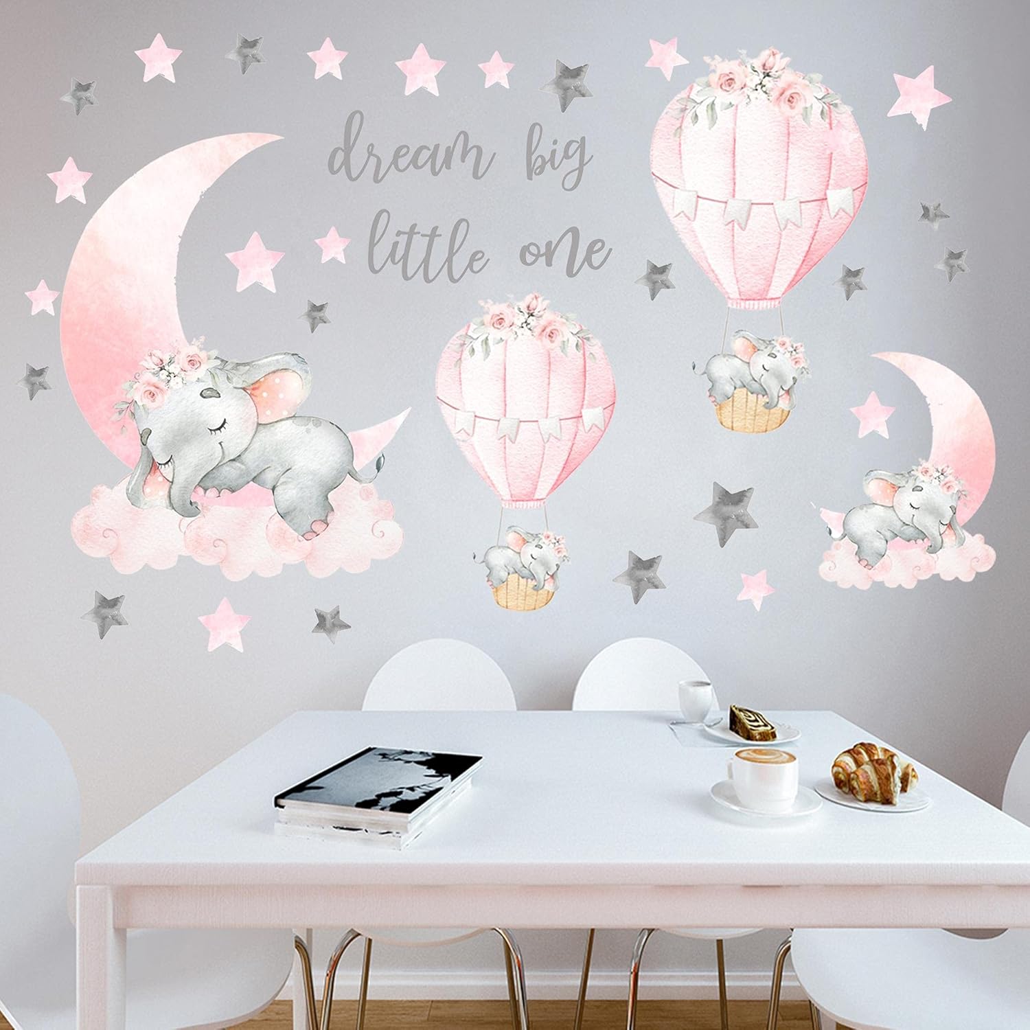 Calcomanías de pared de elefante, luna rosa, estrella, globo de aire caliente, calcomanías de animales para niños, guardería, dormitorio, decoración