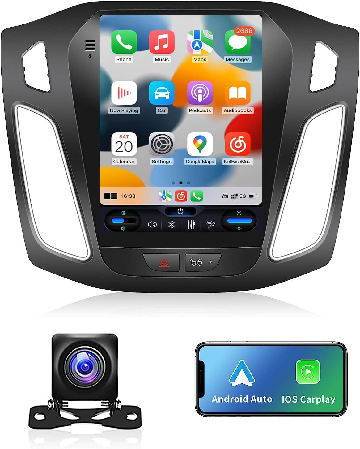 Radio estéreo de coche de 4 GB+64 GB (8 núcleos) 5GWiFi para Ford Focus 2012-2018 con CarPlay inalámbrico y Android Auto, pantalla táctil HD 10.4