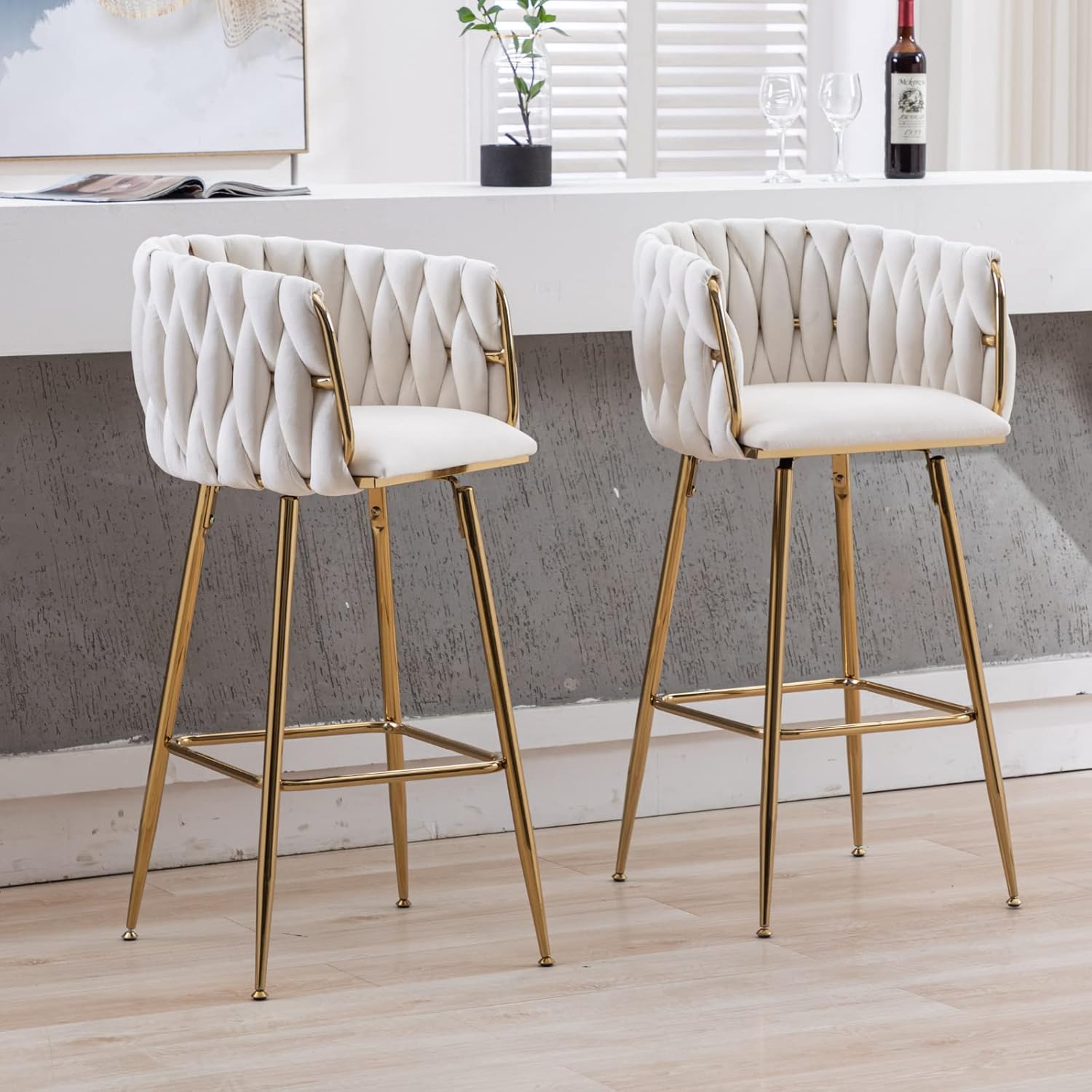 LukeAlon Juego de 2 taburetes modernos de terciopelo para mostrador, giratorios de 360 de 26 pulgadas de altura de asiento bajos con patas doradas,