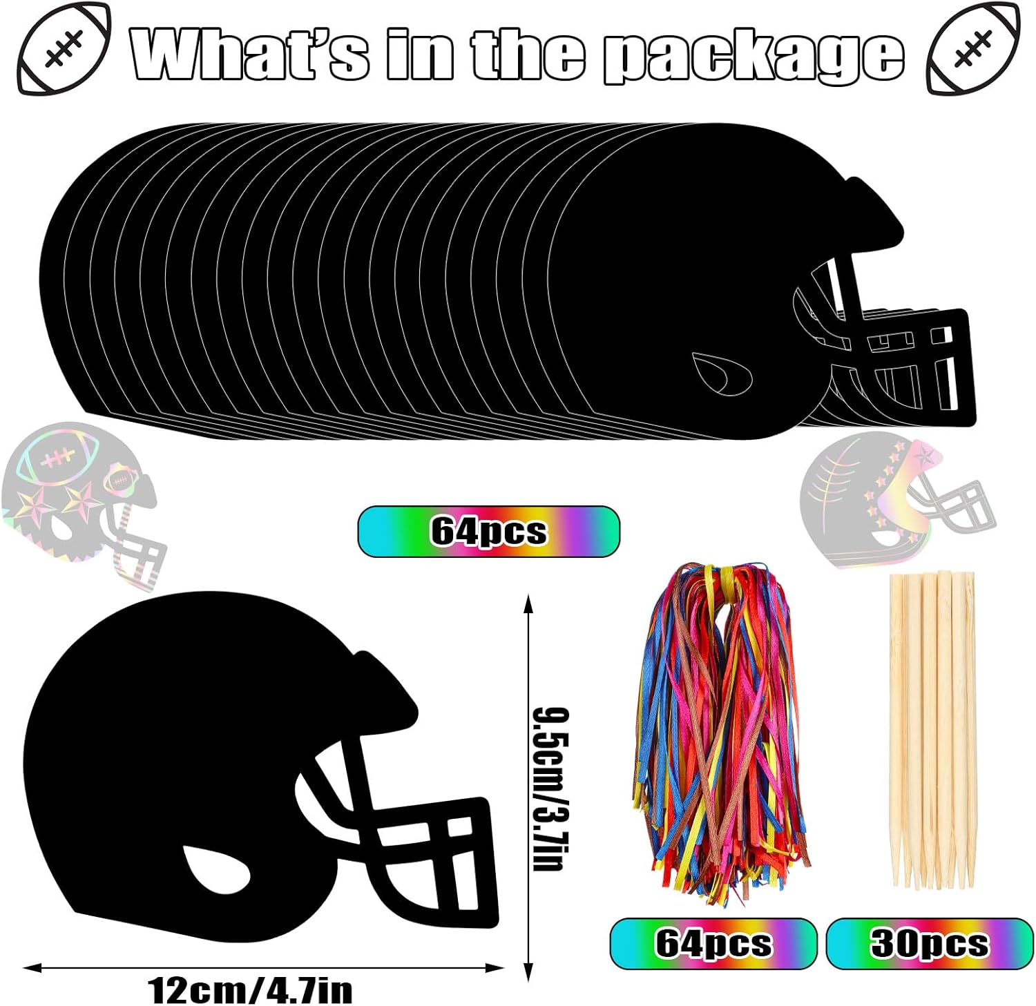 Syhood Juego de 64 piezas de manualidades de papel para rascar de fútbol, casco de fútbol, tarjetas de rascar con lápiz óptico de madera y cintas