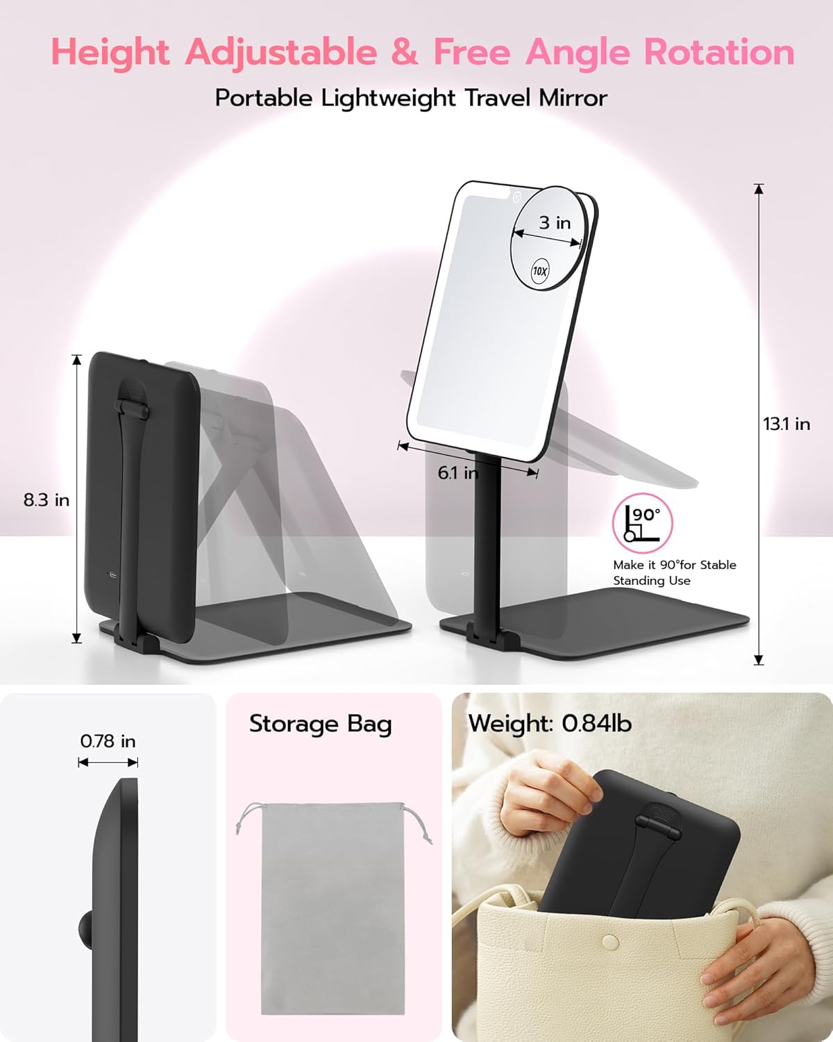 Espejo de maquillaje de viaje recargable con espejo de aumento de 10X, espejo de tocador LED con soporte ajustable portátil, luces regulables de 3