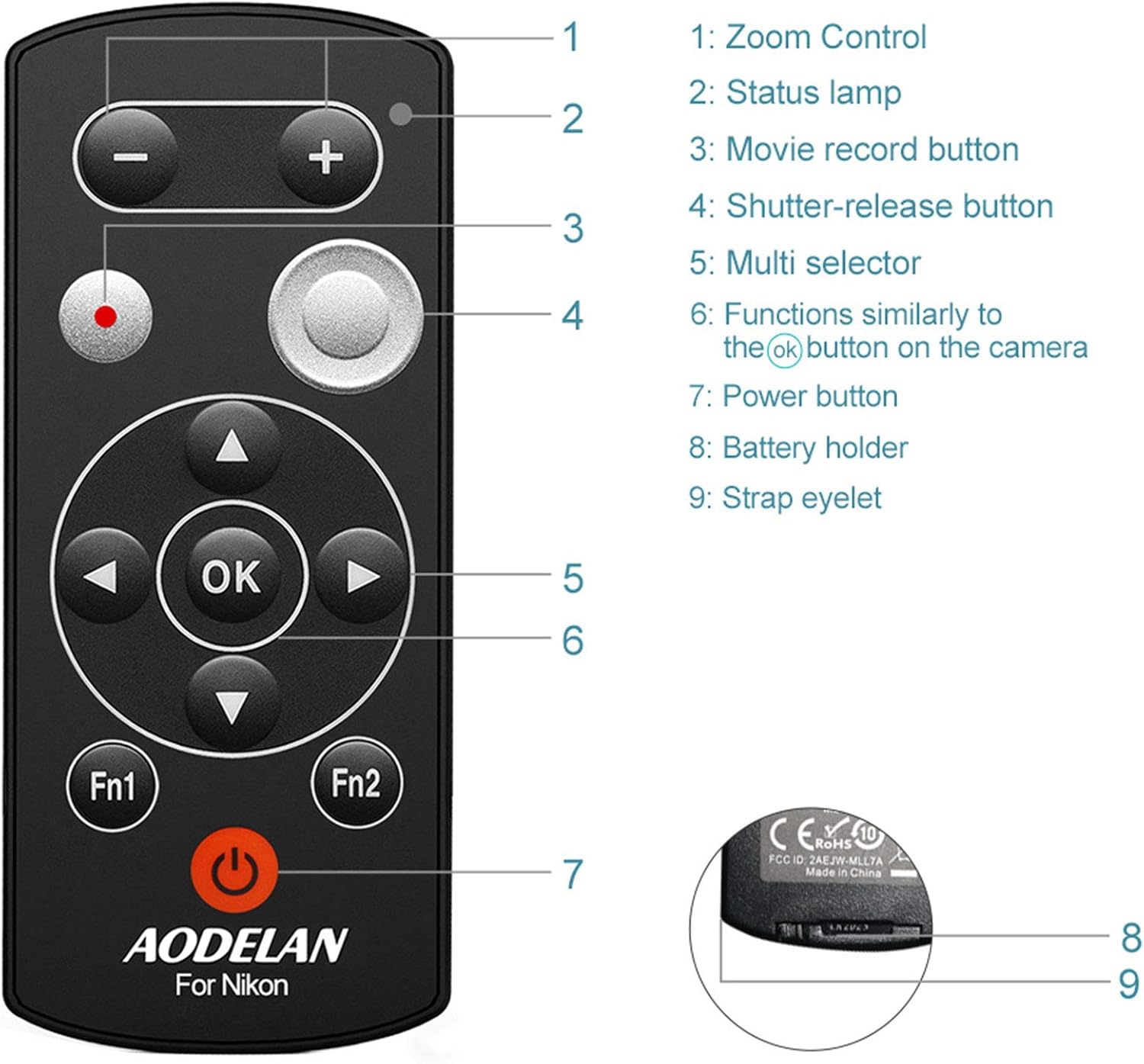 AODELAN Mando a distancia inalámbrico para Nikon COOLPIX P1000 Z50 B600 A1000 P950 Z50 Z6 II Z7 II Z fc Zfc Accesorios de repuesto ML-L7