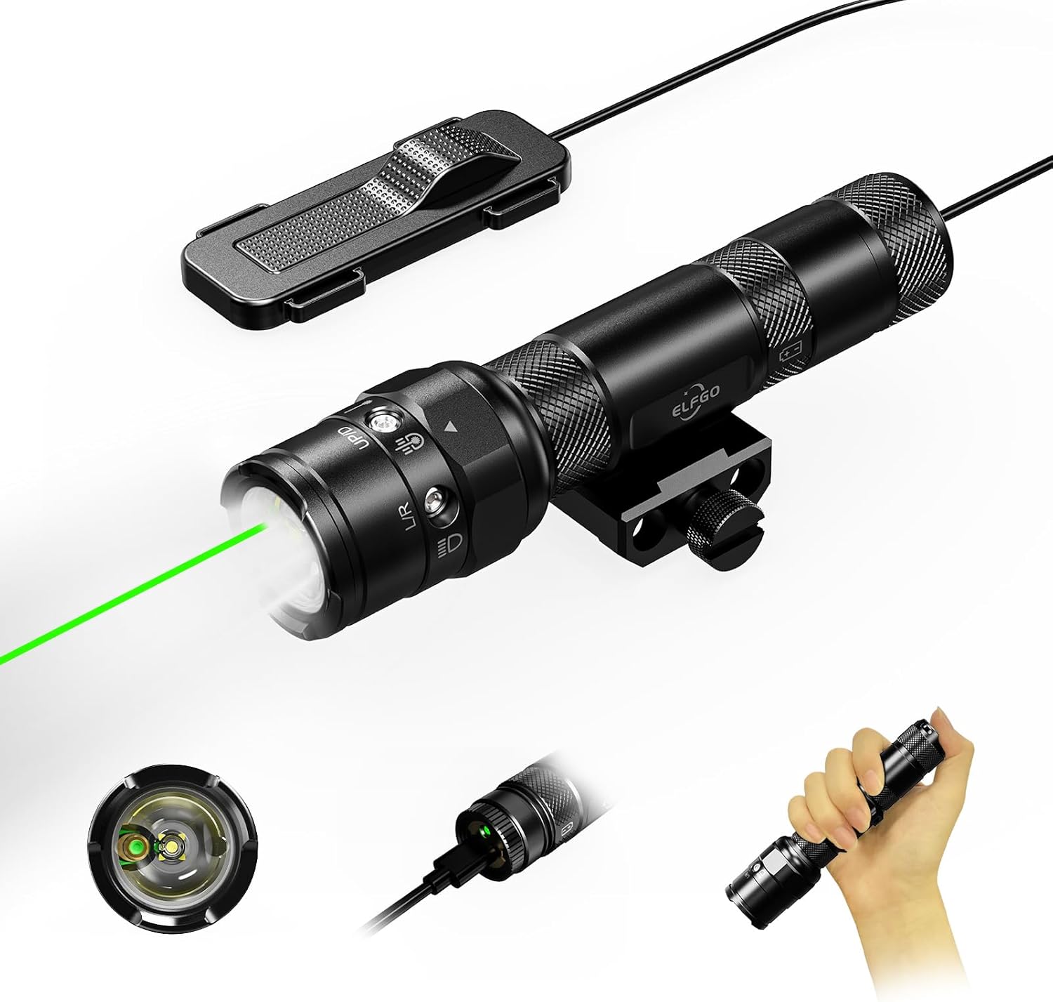 Linterna táctica láser verde combo recargable, 1250 lúmenes Picatinny montaje arma luz láser con interruptor de presión remoto, montaje en riel