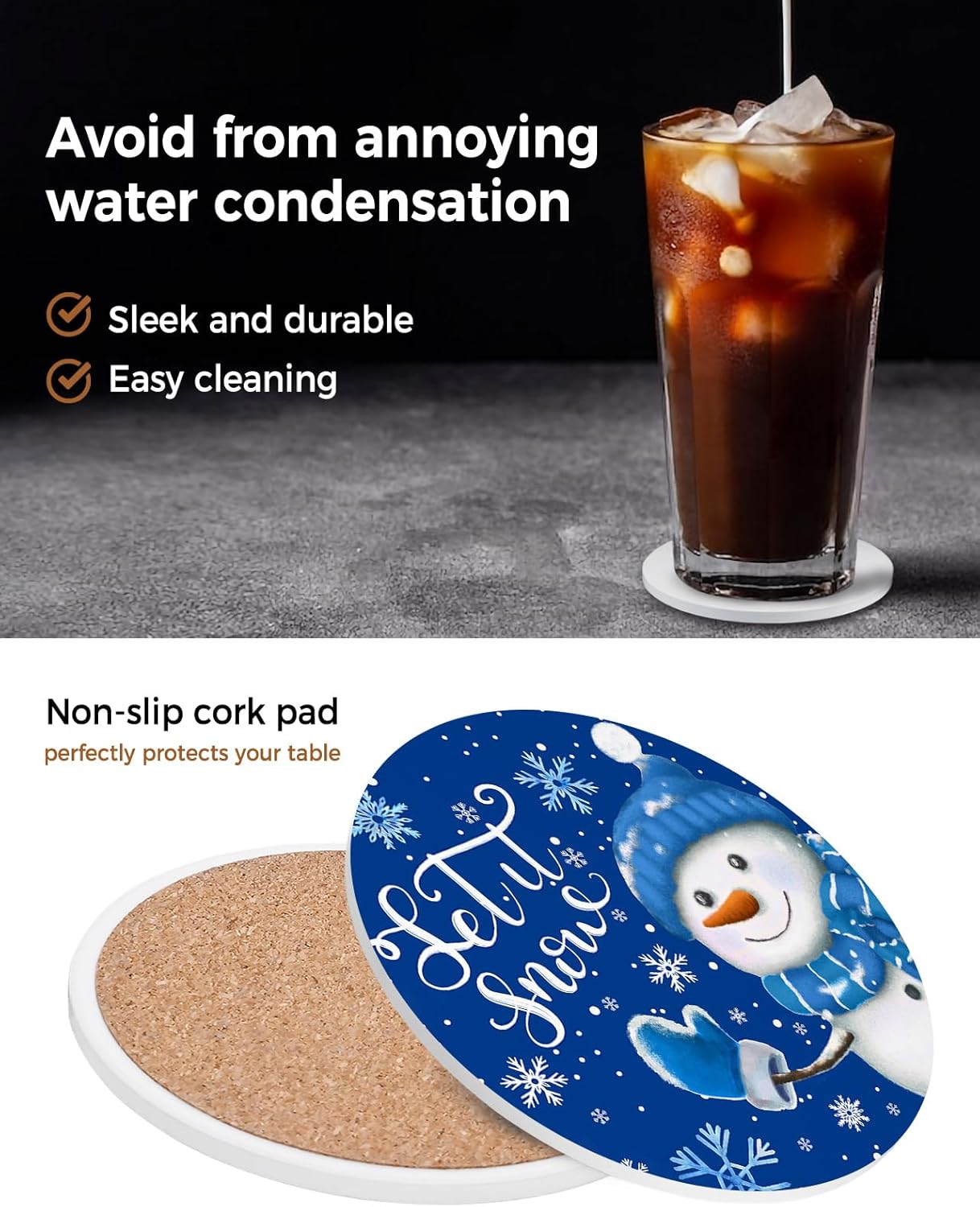 Juego de 4 posavasos de Navidad para bebidas, juego de 4 con soporte, muñeco de nieve de Navidad, copos de nieve de invierno, tapete de cerámica