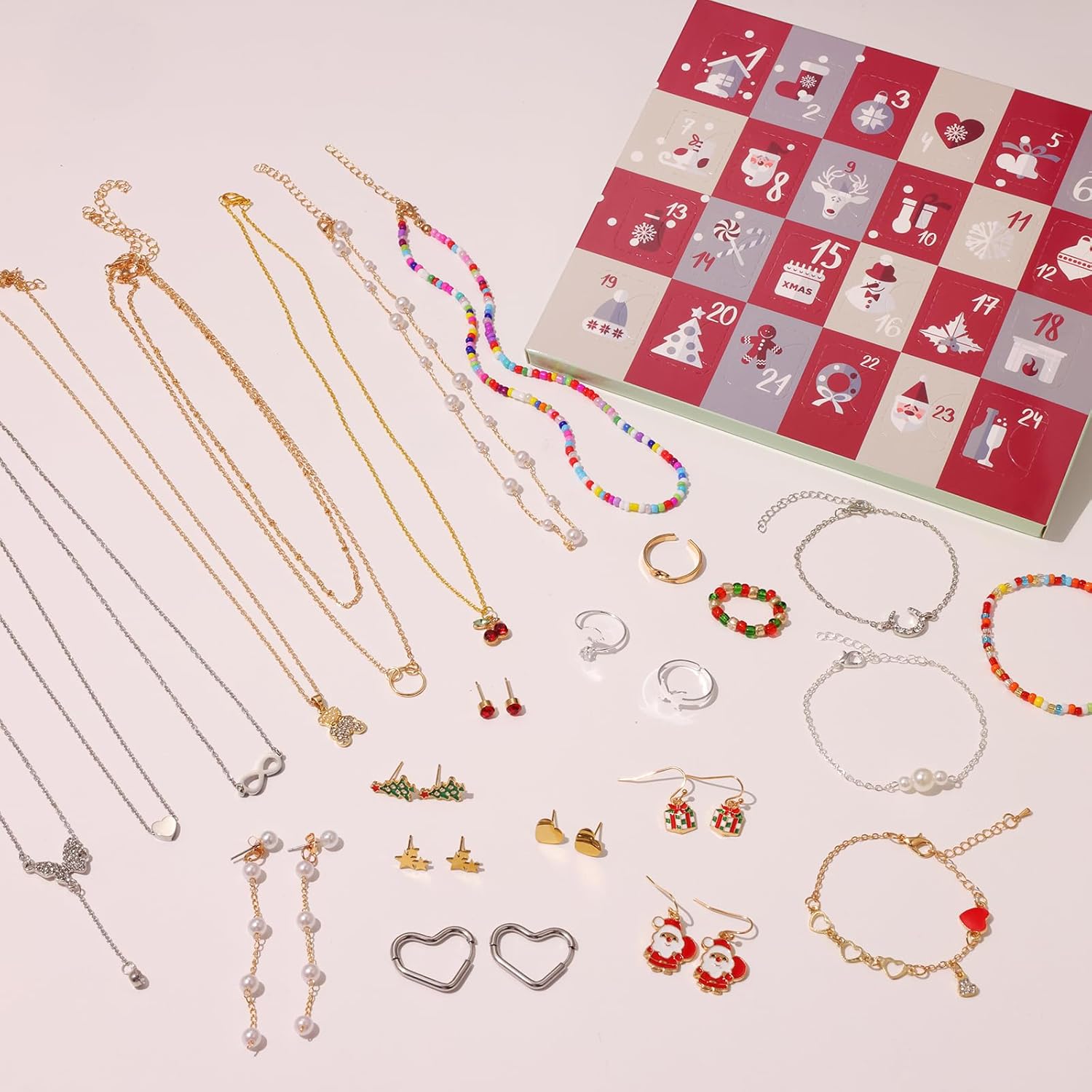 Calendario de Adviento de joyas para adultos, niñas y mujeres, calendario de Adviento de cuenta regresiva de 24 días de Navidad, caja de regalo de