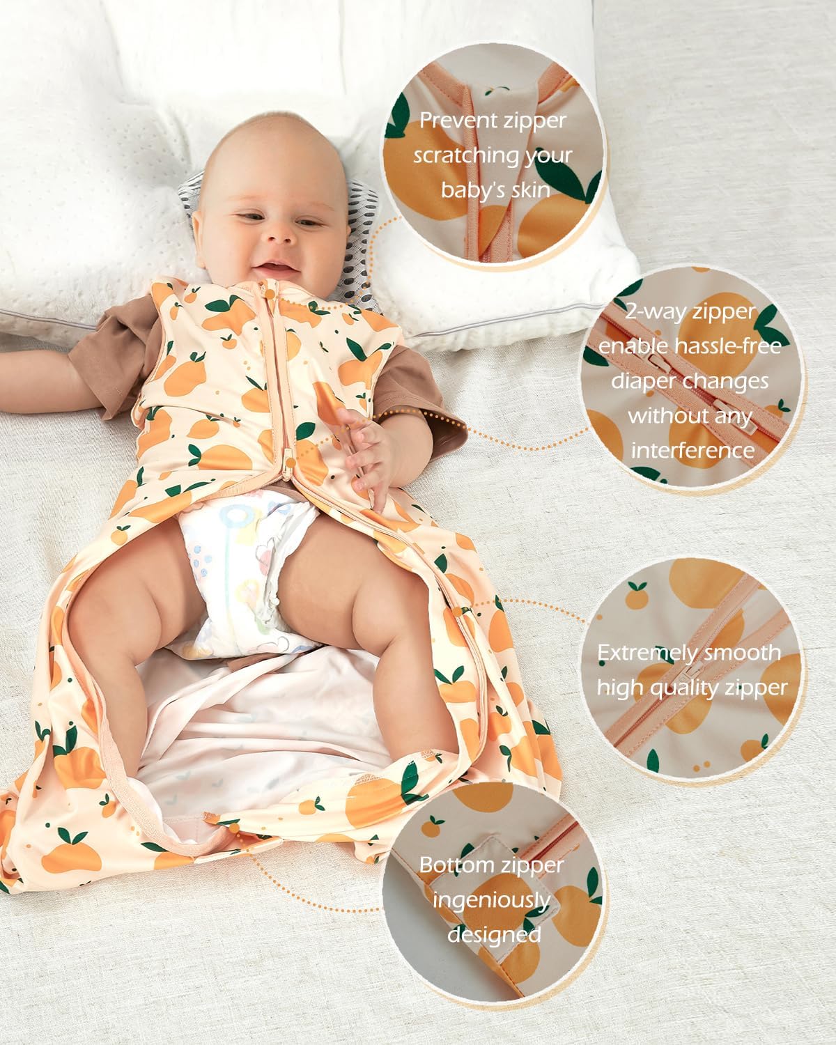Sacos de dormir unisex de algodón orgánico para bebés, sacos de dormir para bebés, cremalleras seguras de 2 vías 0.5TOG para bebés
