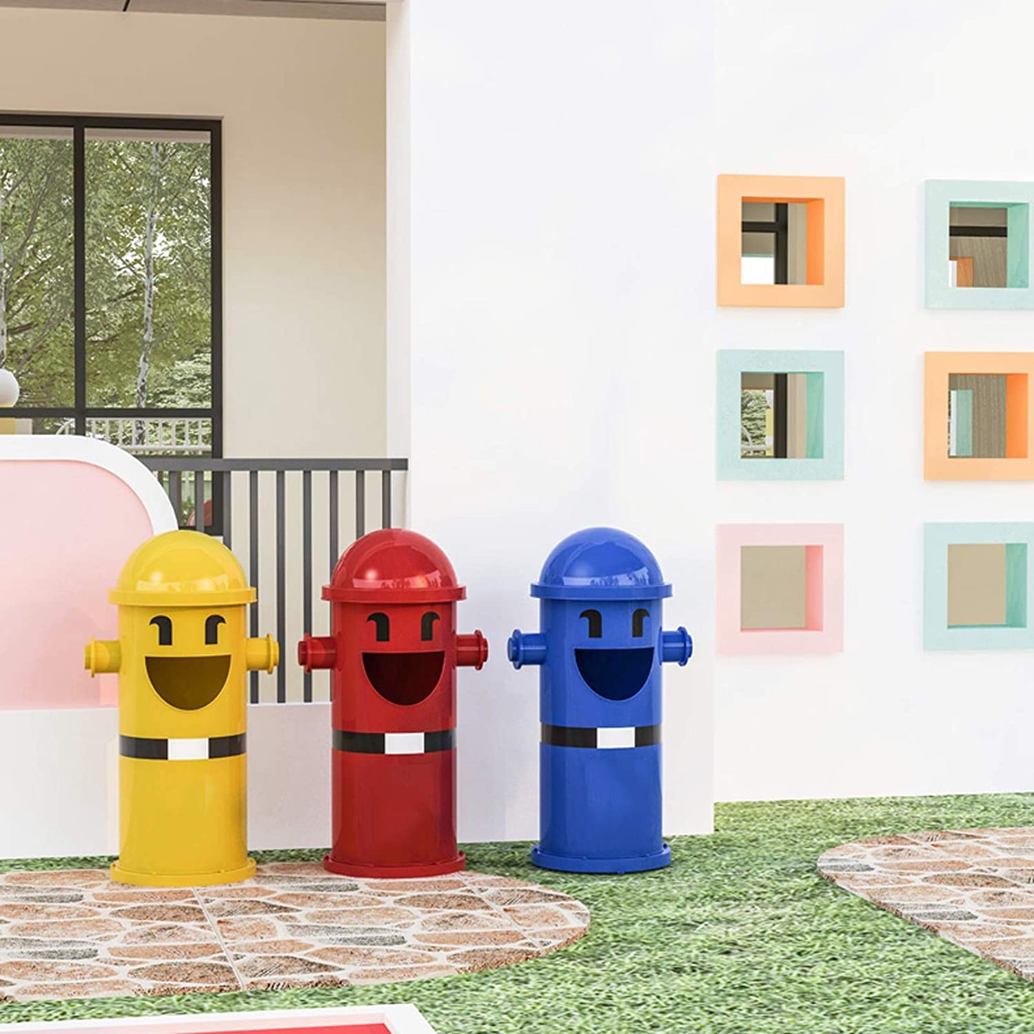 Bote de basura – Cubo de basura cilíndrico largo para exteriores, de hierro forjado, 7 colores, cubo de basura para exteriores, panel empotrado,