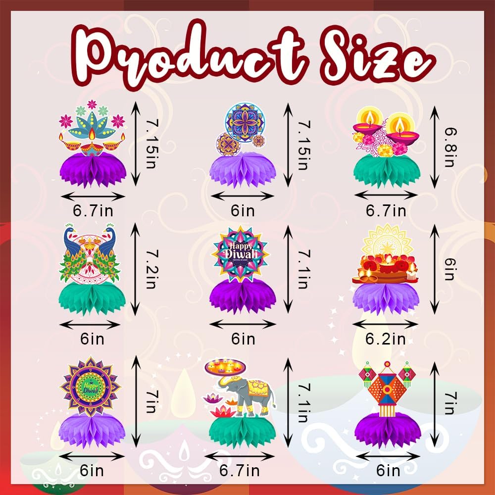 9 piezas de centros de mesa Happy Diwali Honeycomb Centerpieces Diwali Decoración de lámpara de aceite, centro de mesa Deepavali Candle Toppers para
